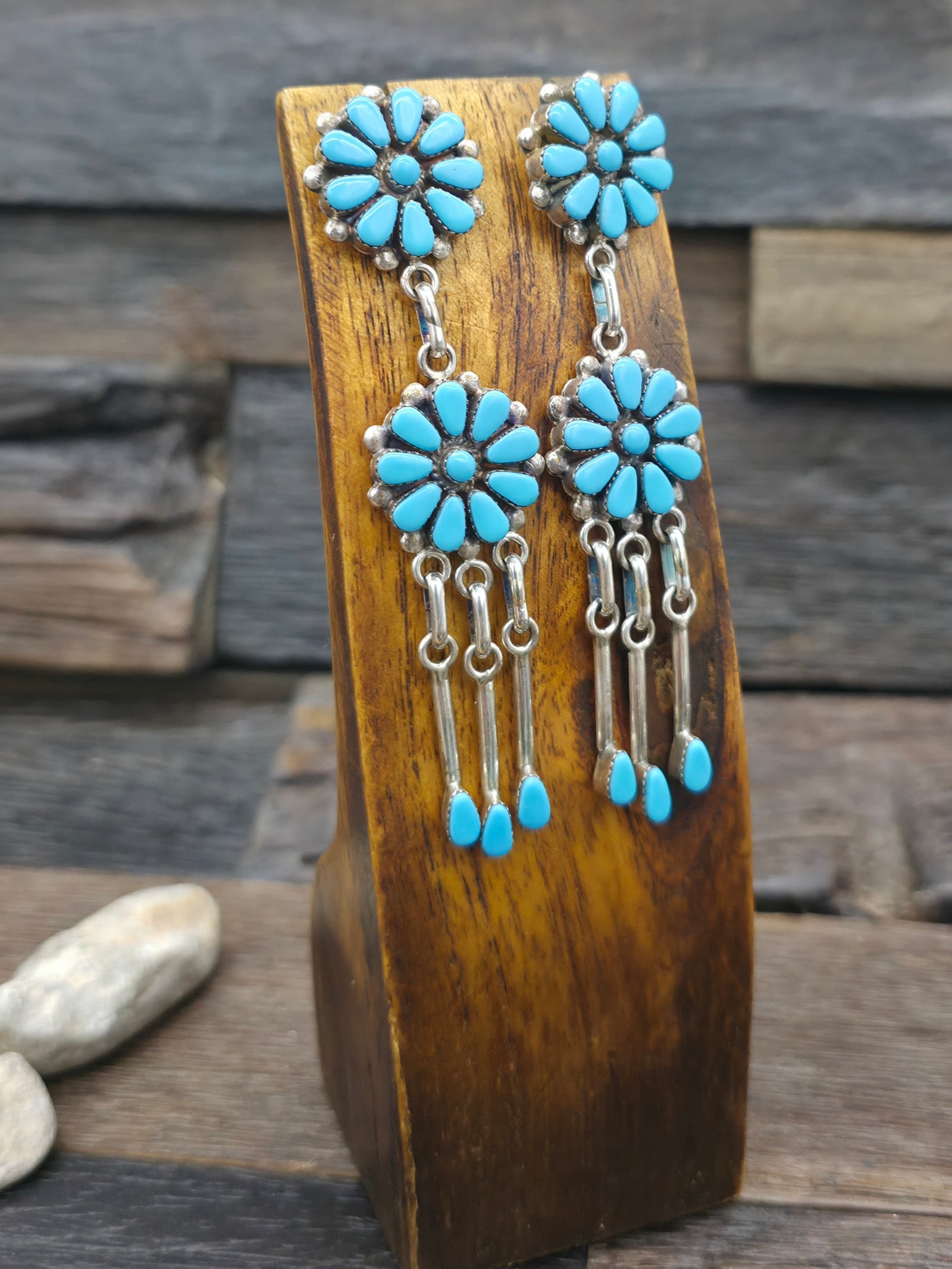 Sterling Silver Turquoise Cluster Dangle Earrings by Silbert Bowannie Sr. - 3 1/4 in. by 3/4 in.