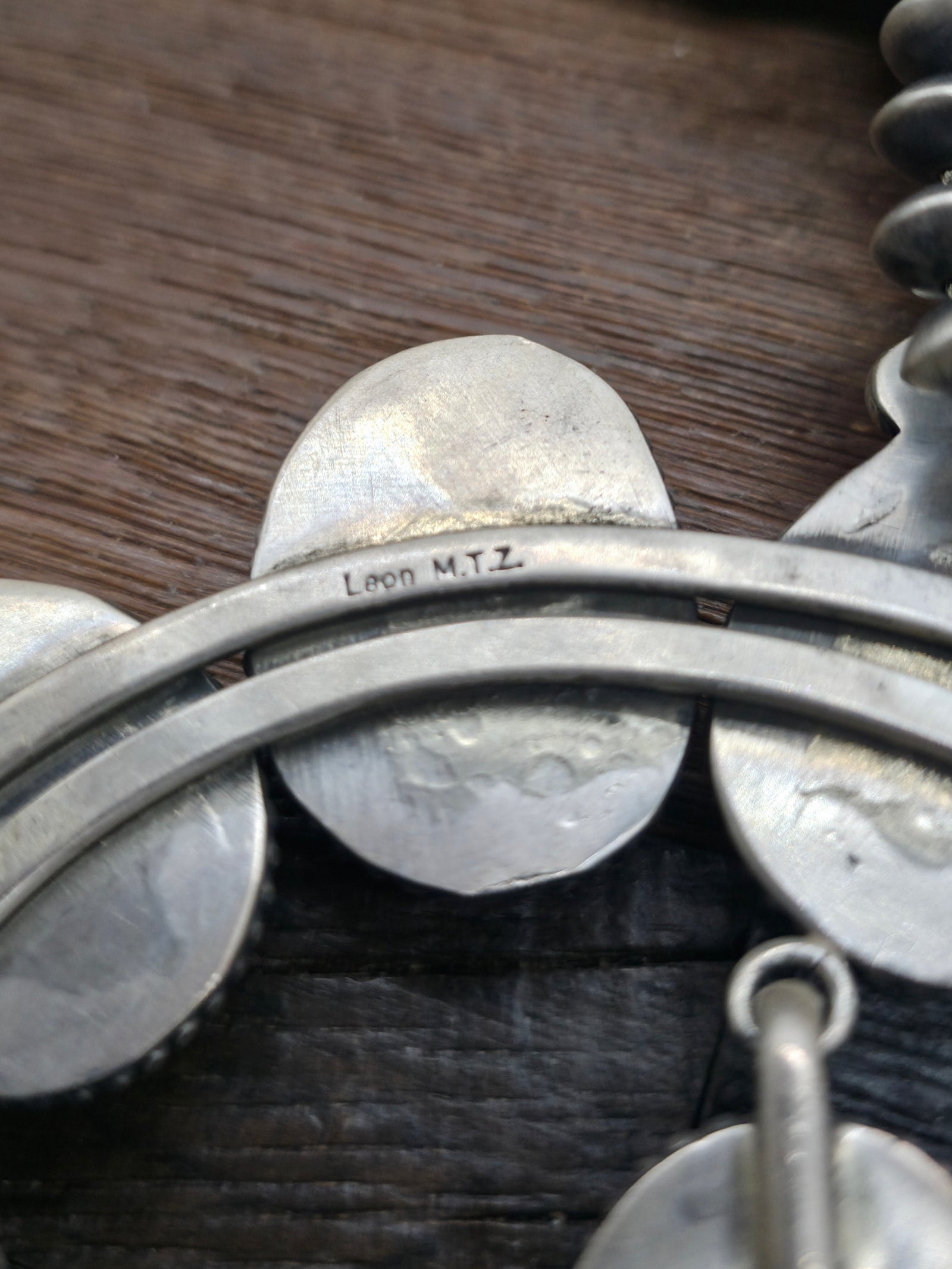 Extra Large Stamped Sterling Silver White Buffalo Squash Blossom Necklace by Leon Martinez - 30 in.