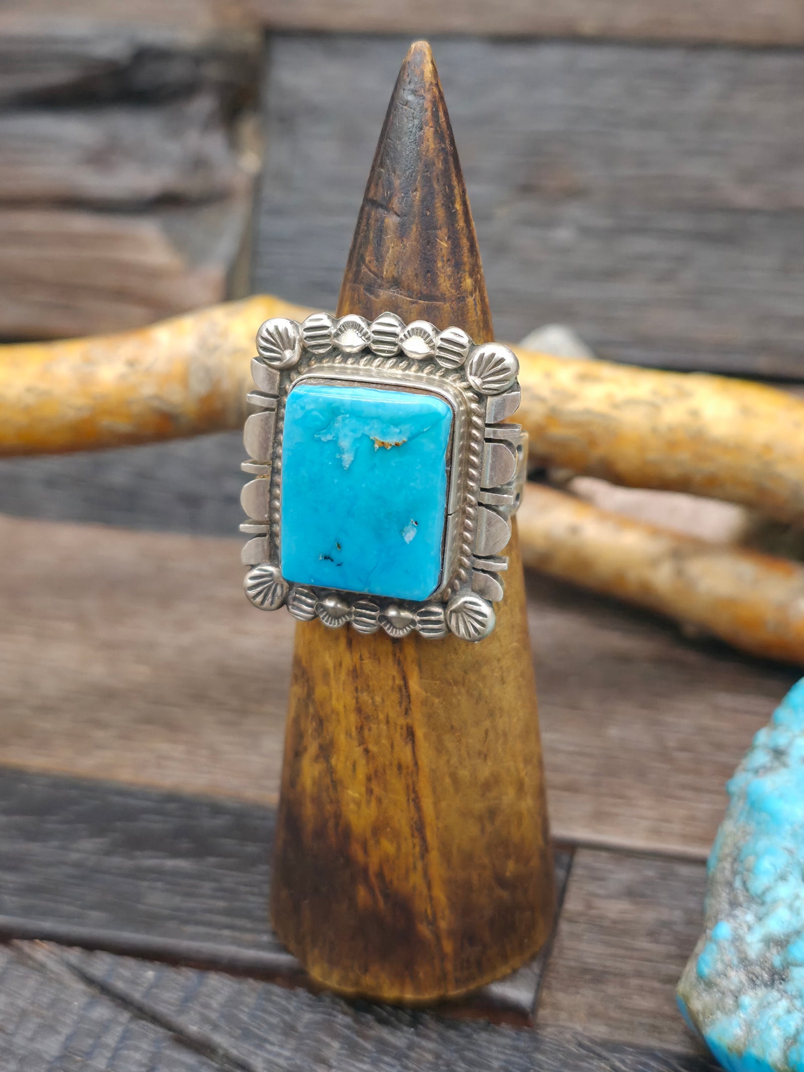 Rectangular Stamped Sterling Silver Candelaria Turquoise Ring by Dean Sandoval - Size 11