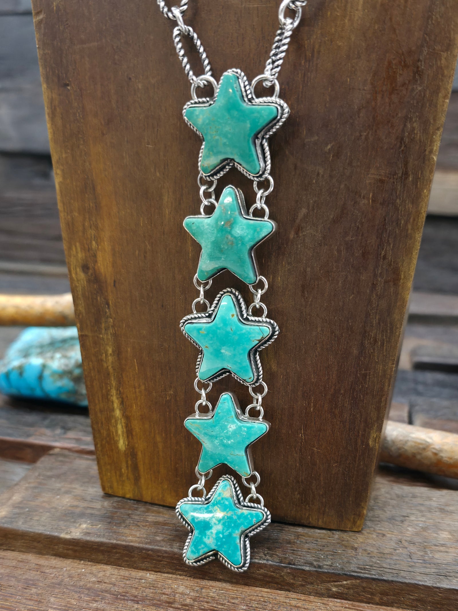 Green Turquoise and Sterling Silver Stars Lariat Necklace - 23 in.