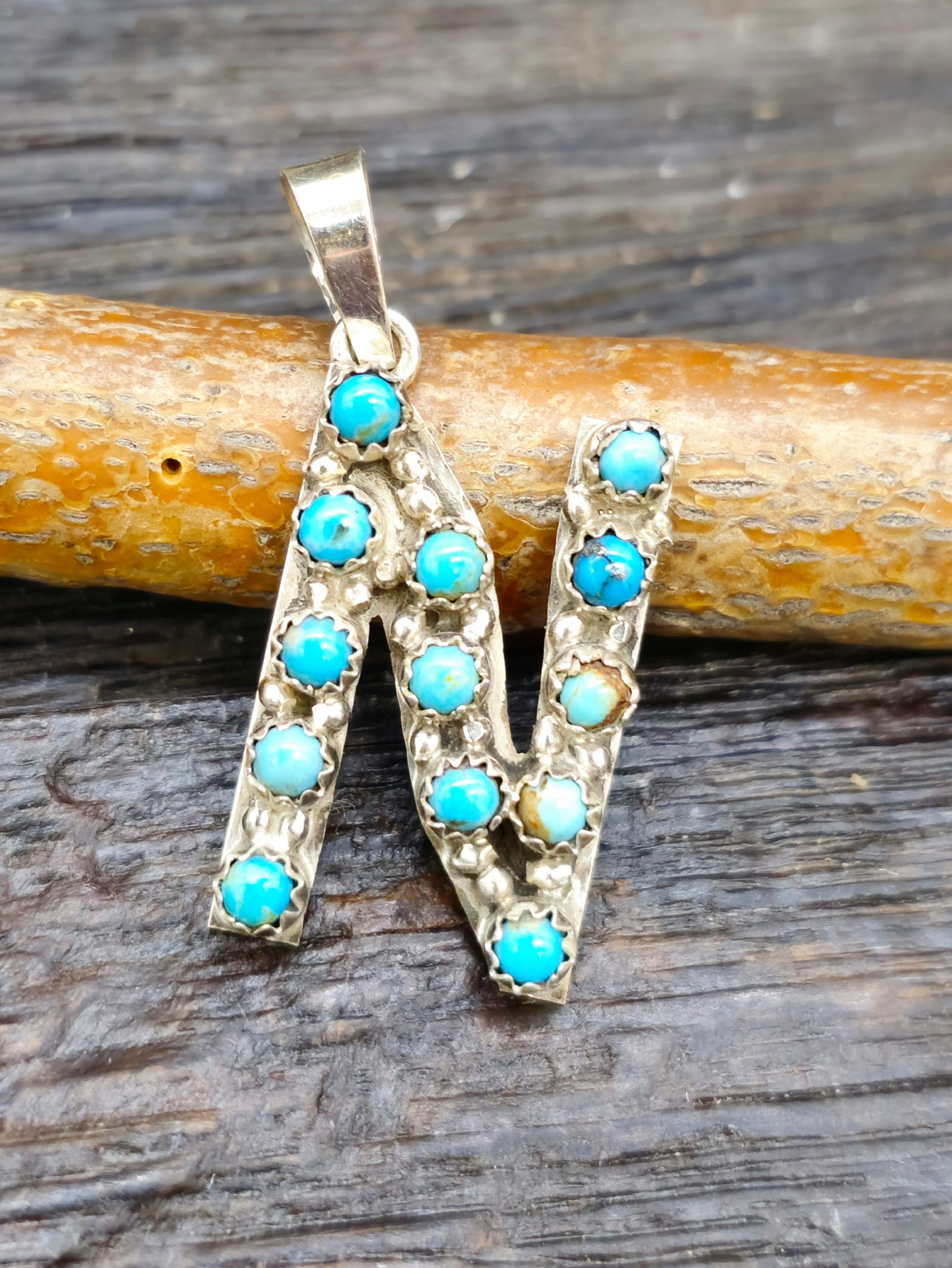 Turquoise and Sterling Silver Monogram Pendant "N" 1 in.
