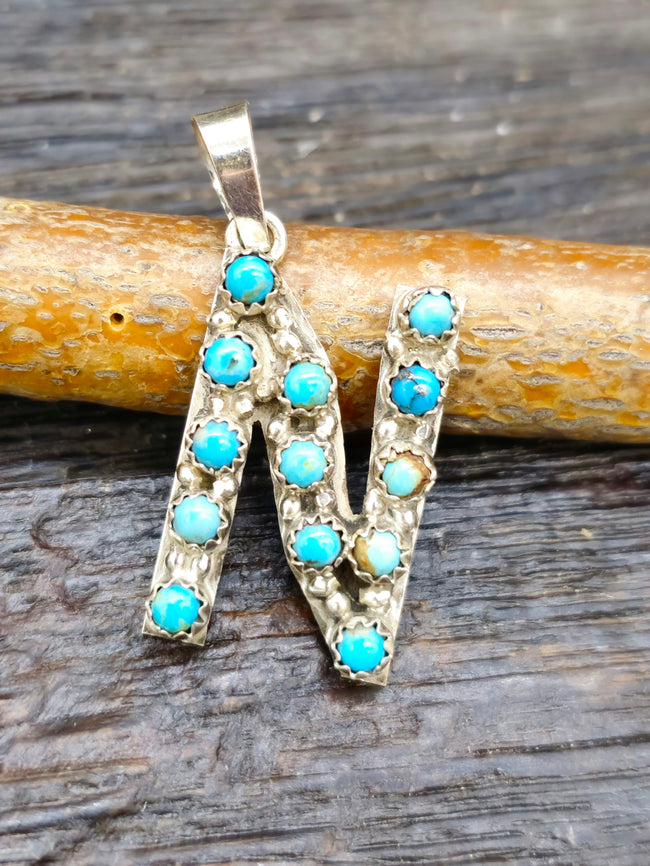 Turquoise and Sterling Silver Monogram Pendant "N" 1 in.