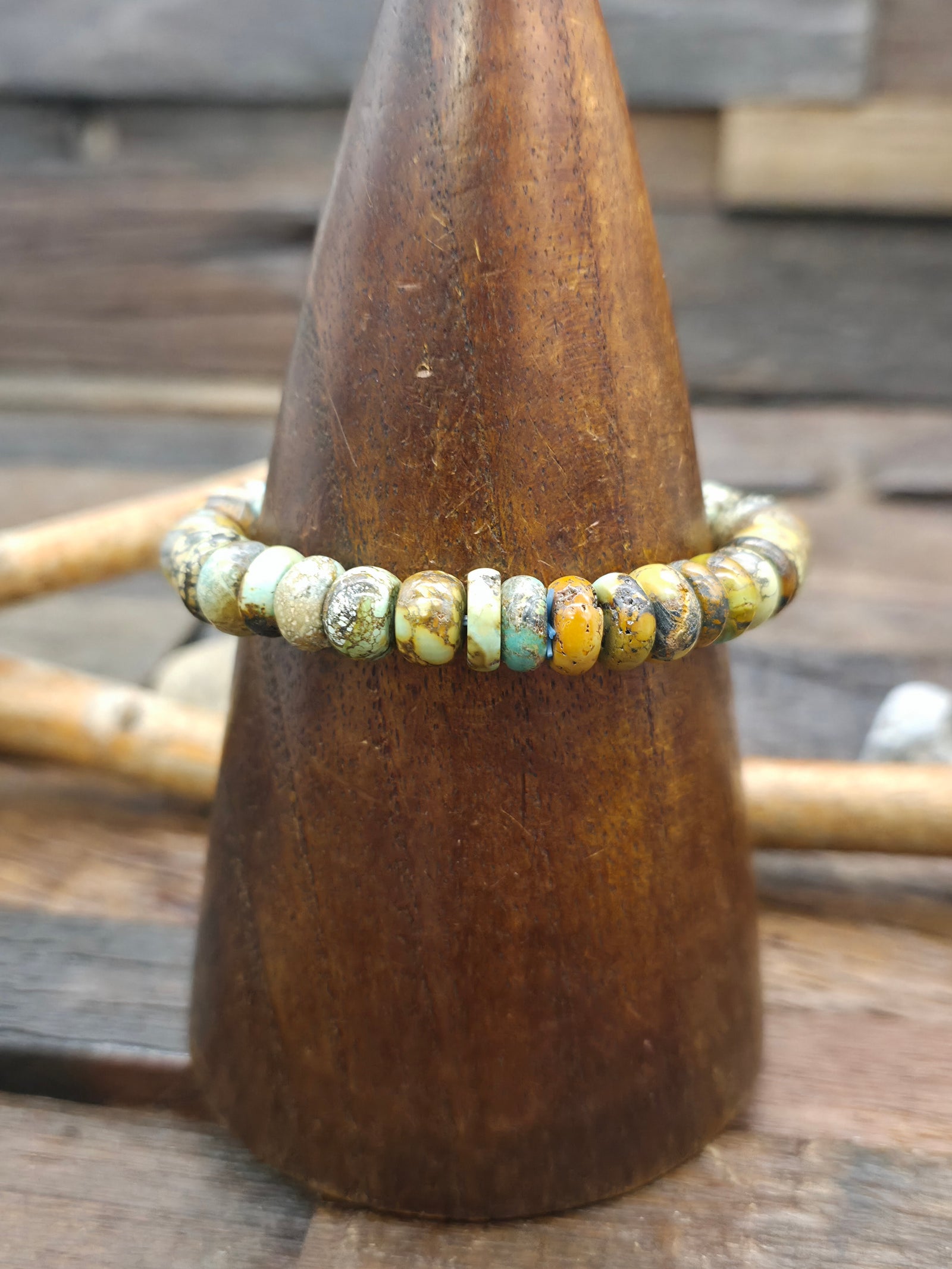 Green and Brown Sky Horse Turquoise Stretch Bracelet - 6 1/2 in