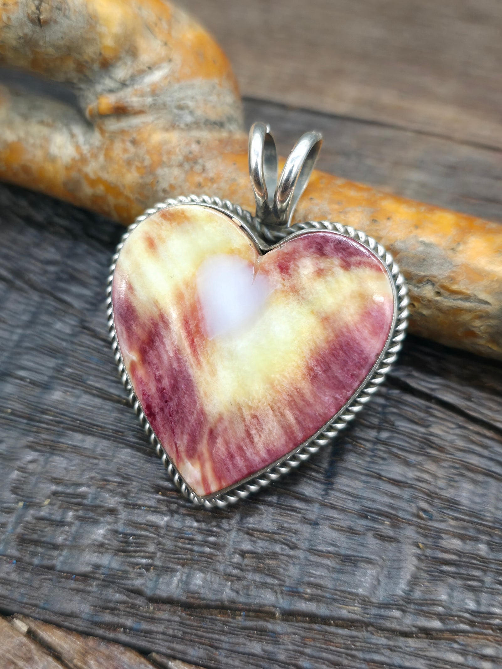Large Purple Spiny Oyster Sterling Silver Heart Pendant by Randall Enditto - 2 in. by 1 1/2 in.