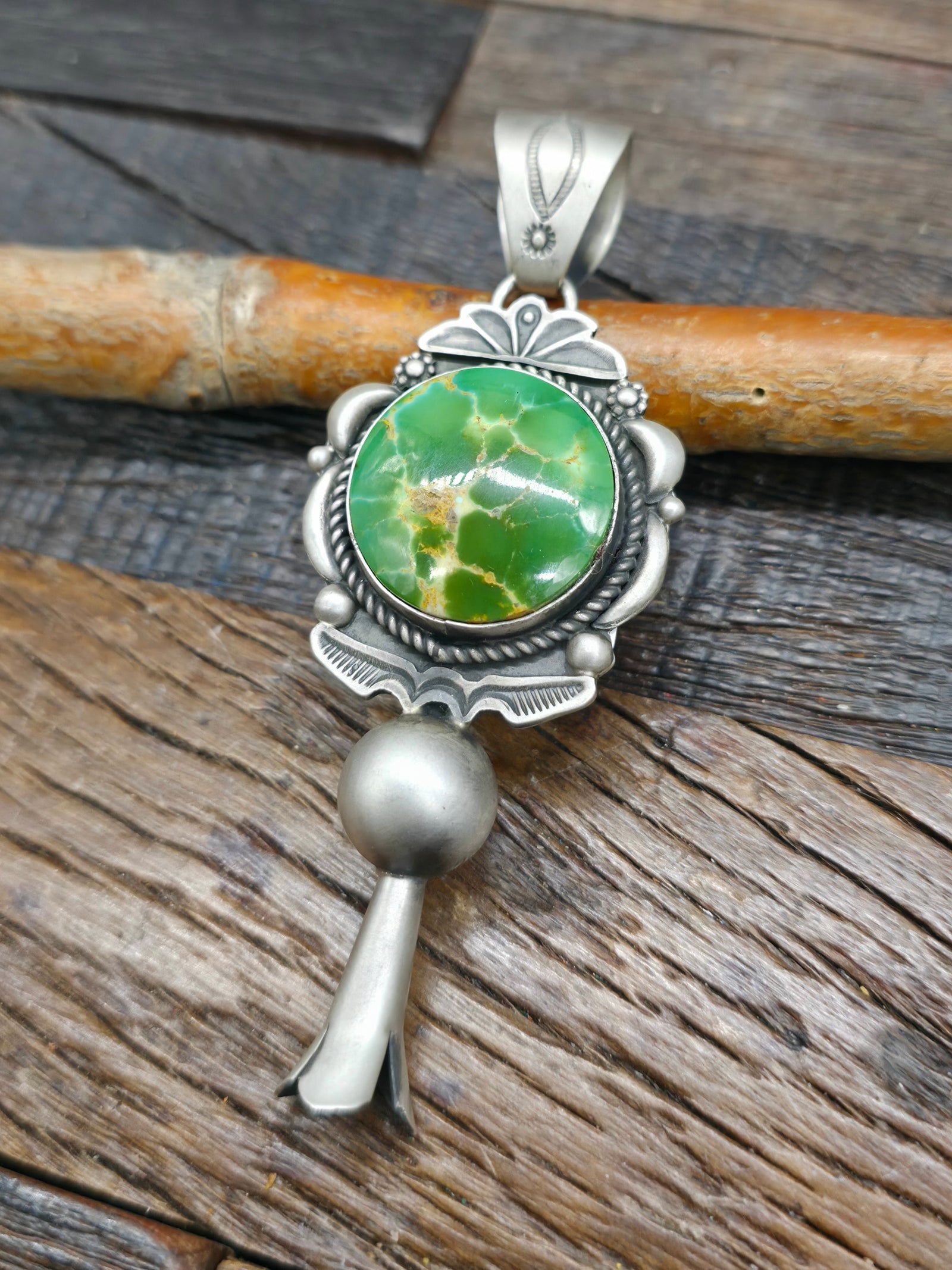 Sterling Silver and Royston Turquoise Squash Blossom Pendant by Ronald Tom - 4 in. by 1 1/4 in.