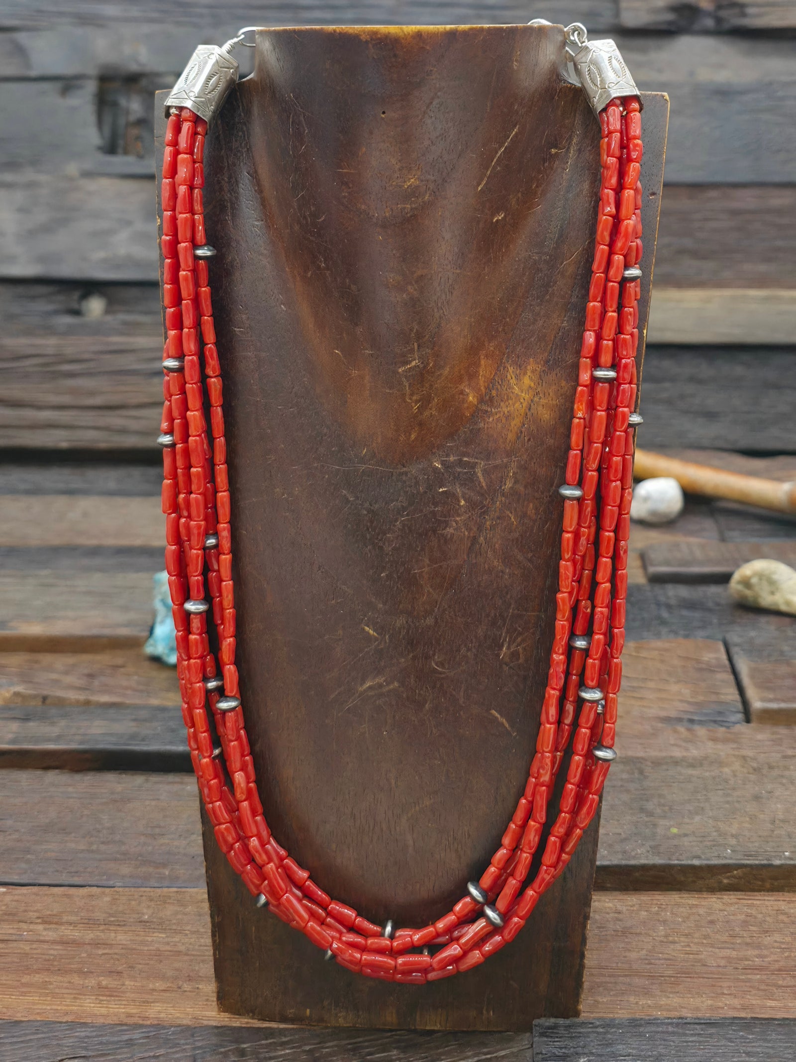 Six Strand Coral and Sterling Silver Bead Necklace with Stamped Sterling Silver Caps by Mel Masquat - 20 in. plus 4 in. Extender