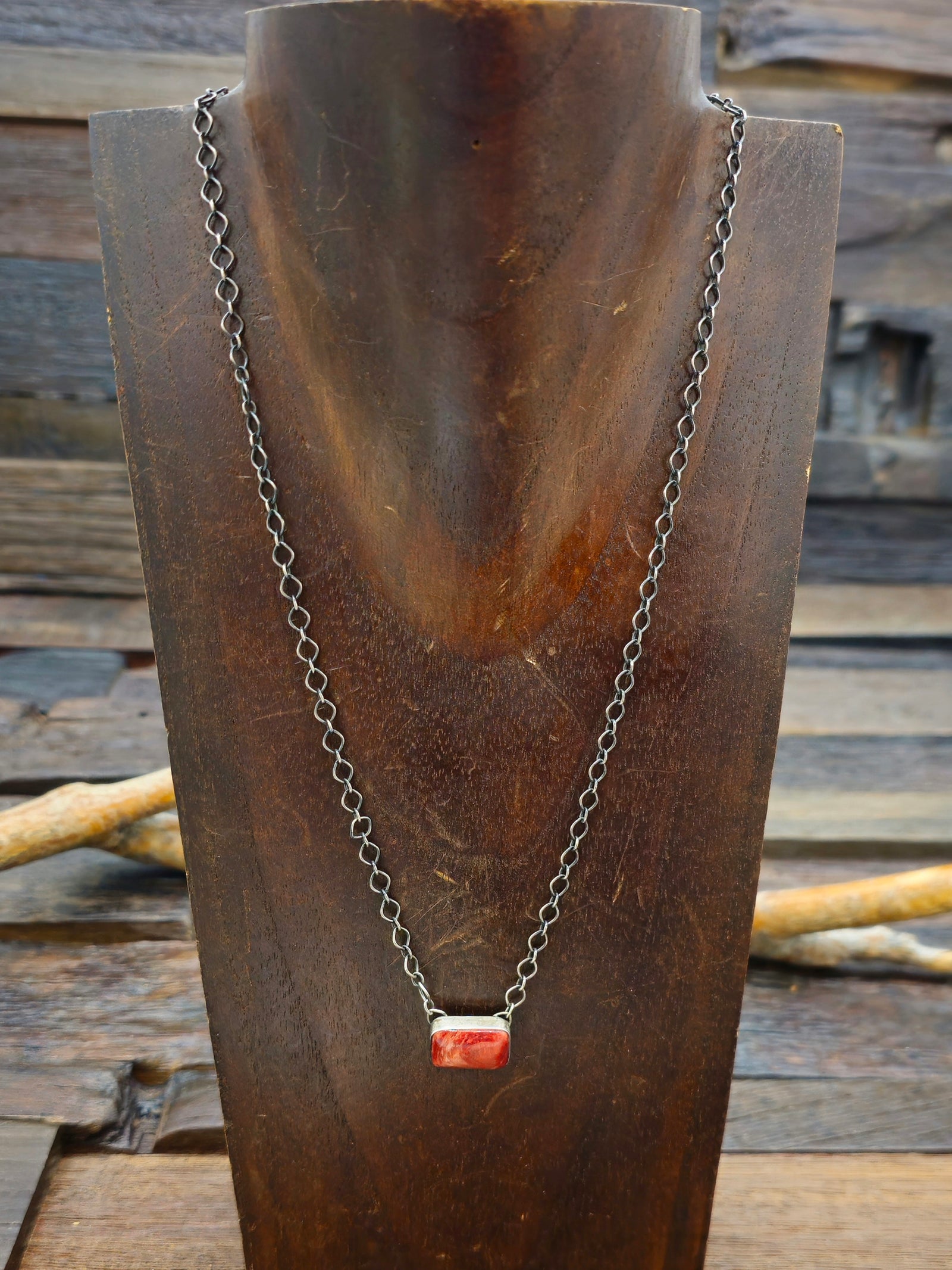 Oxidized Sterling Silver and Red Spiny Oyster Bar Necklace - 18 in