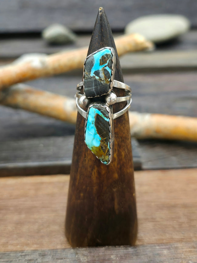 Two Stone Candelaria Turquoise Sterling Silver Ring by Rosella Paxton - Size 8.25