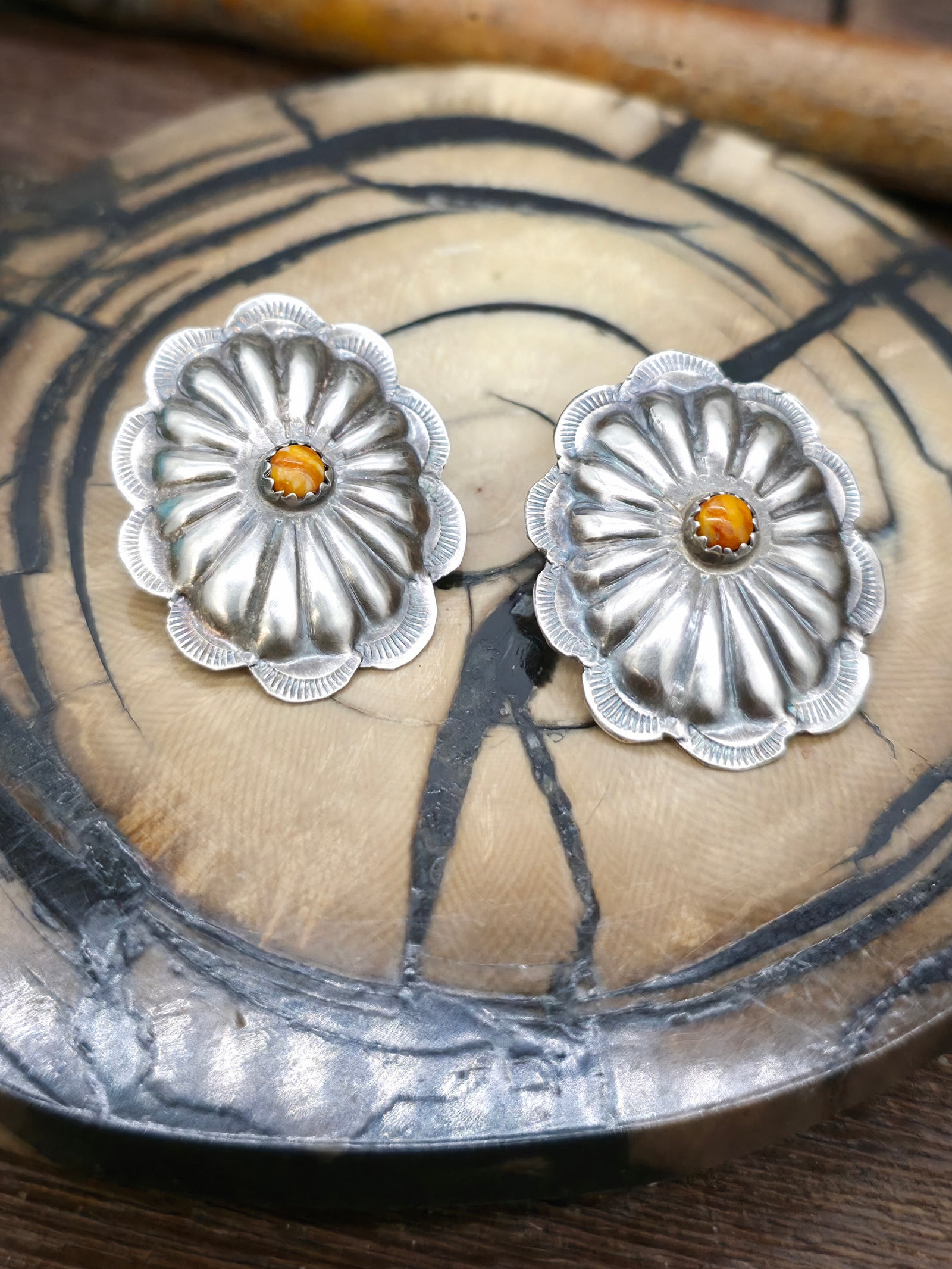 Stamped Sterling Silver Spiny Oyster Concha Earrings by Joan Begay - 1 1/4 in. by 1 in.