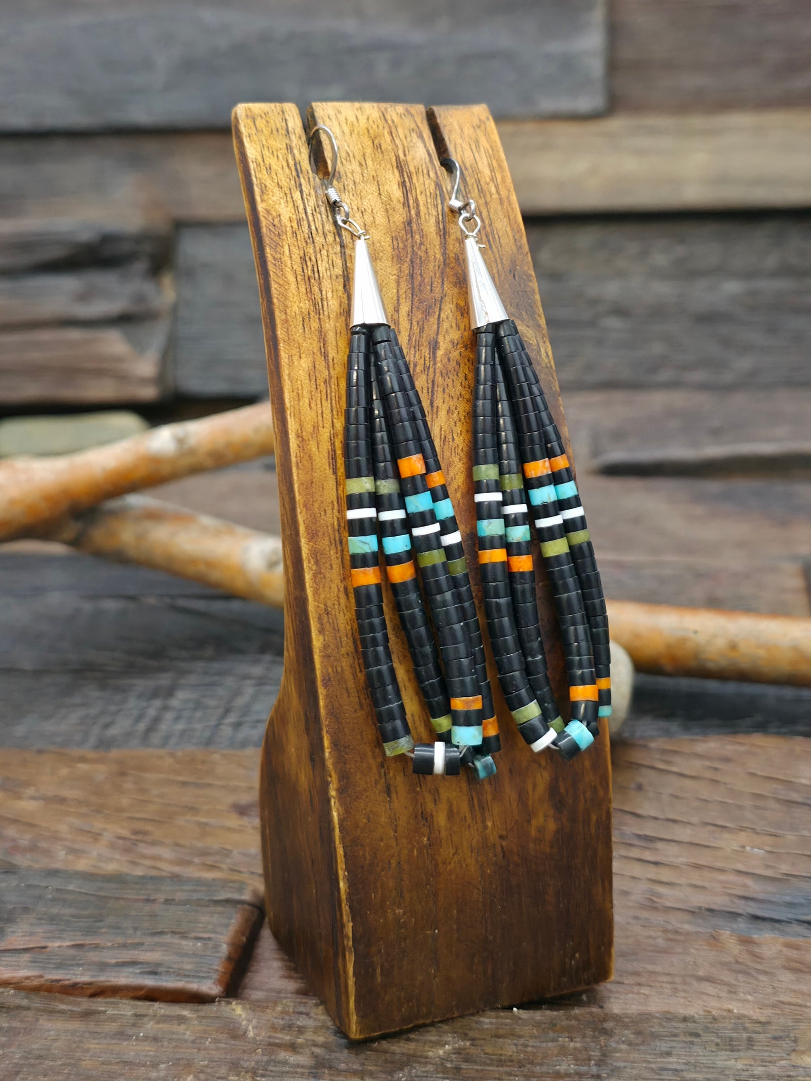 Heishi Earrings by Dorene Calabaza - Jet and Jet - 4 in. by 1 in.