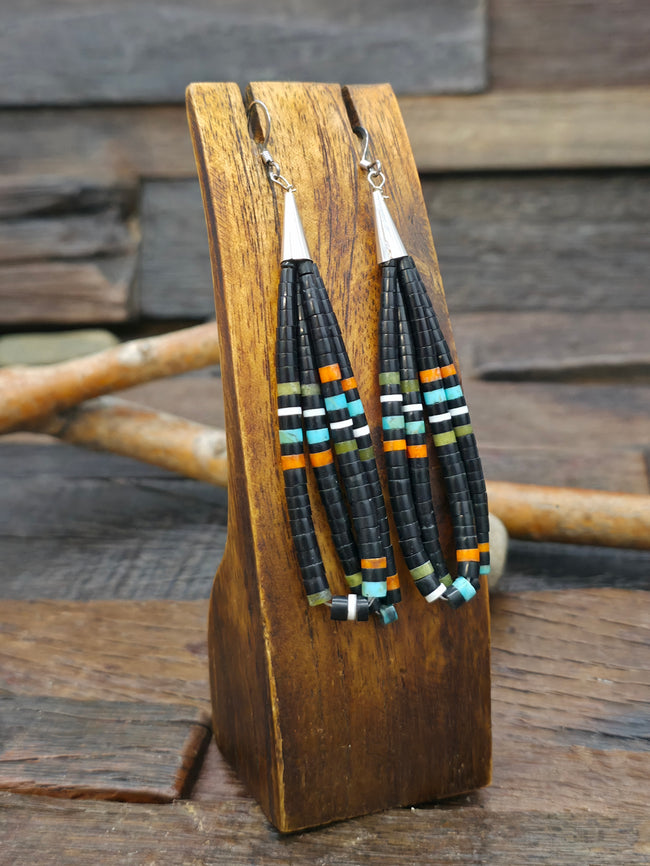Heishi Earrings by Dorene Calabaza - Jet and Jet - 4 in. by 1 in.