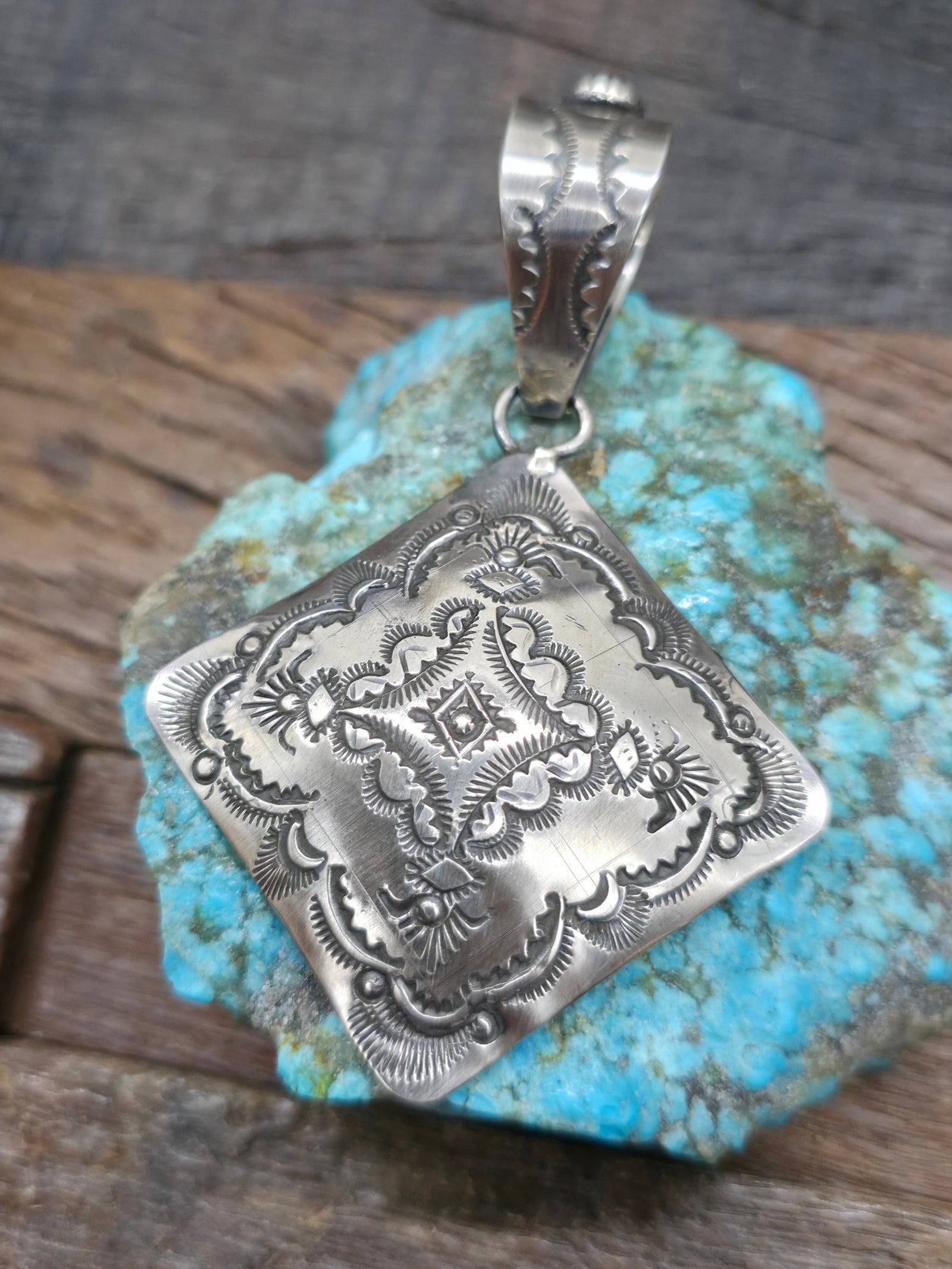 Stamped Sterling Silver Pendant by Vincent Platero - 3 1/4 in. by 2 in.