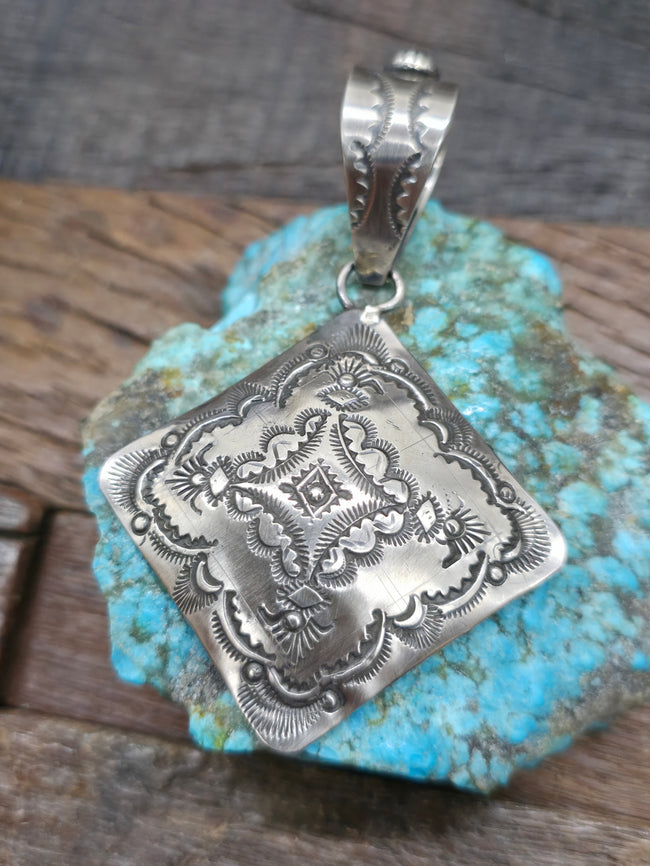 Stamped Sterling Silver Pendant by Vincent Platero - 3 1/4 in. by 2 in.