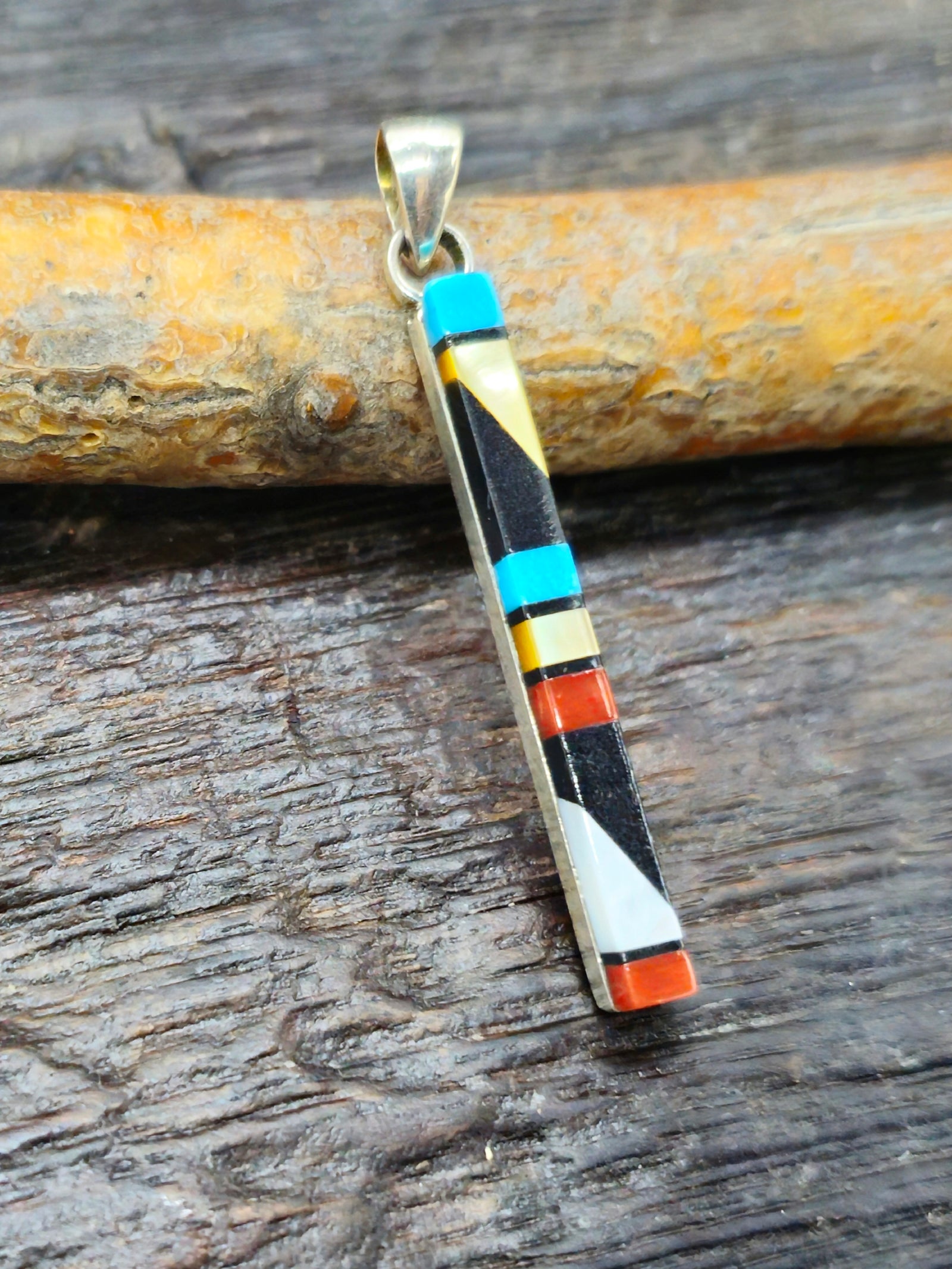 Sterling Silver Multistone Zuni Inlay Pendant by McDerral Kallestewa - 2 in.