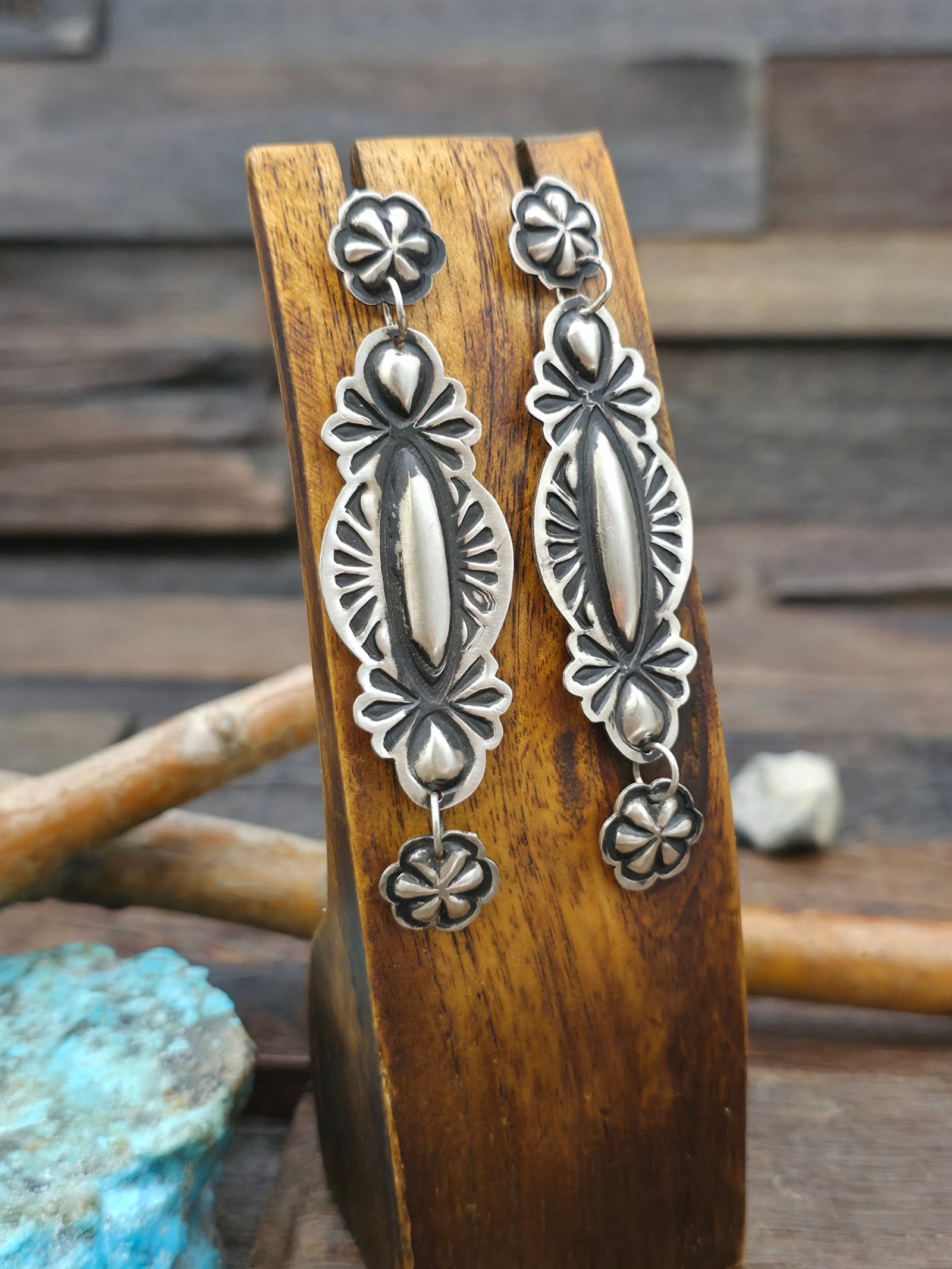 Repousse Stamped Sterling Silver Post Dangle Earrings by Leander Tahe - 3 in. by 7/8 in.