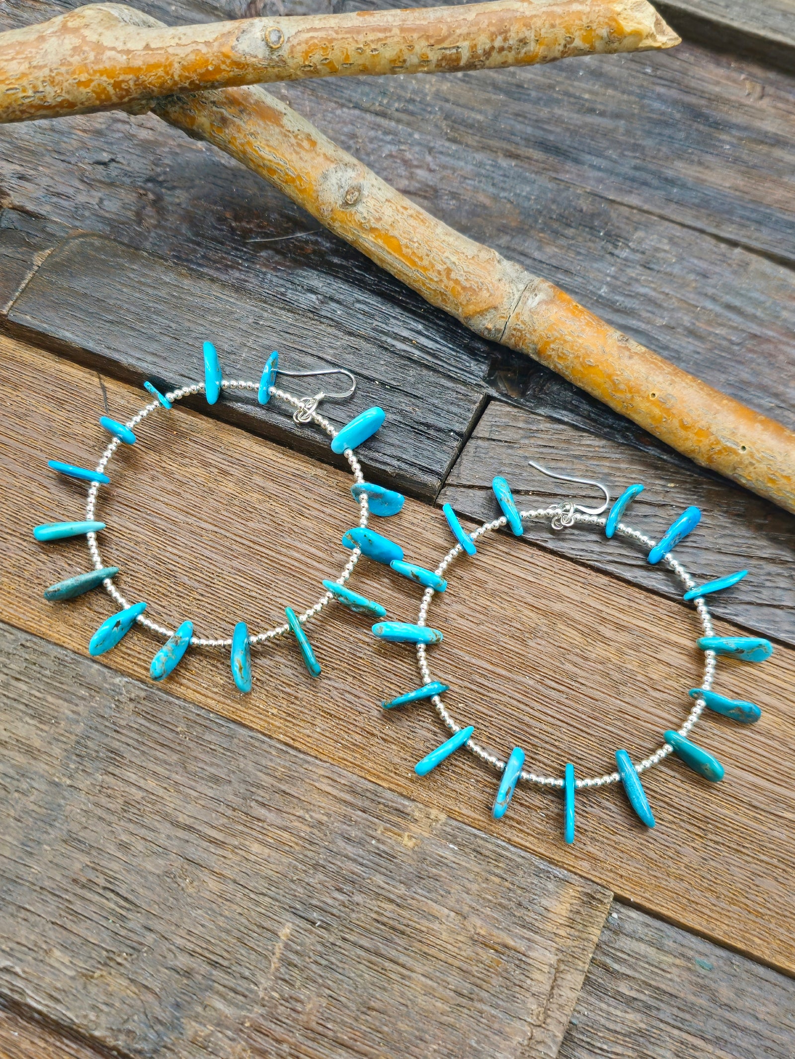 Turquoise Tab and Sterling Silver Bead Hanging Hoop Earrings