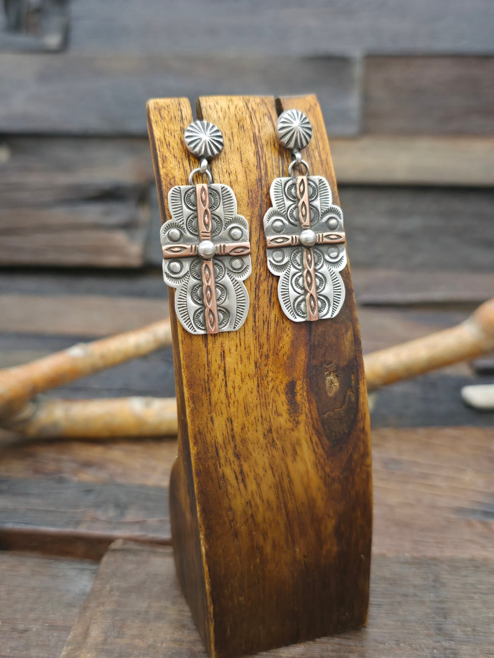 Stamped Sterling Silver with Copper Overlay Cross Post Dangle Earrings by Dean Sandoval - 2 in. by 7/8 in.