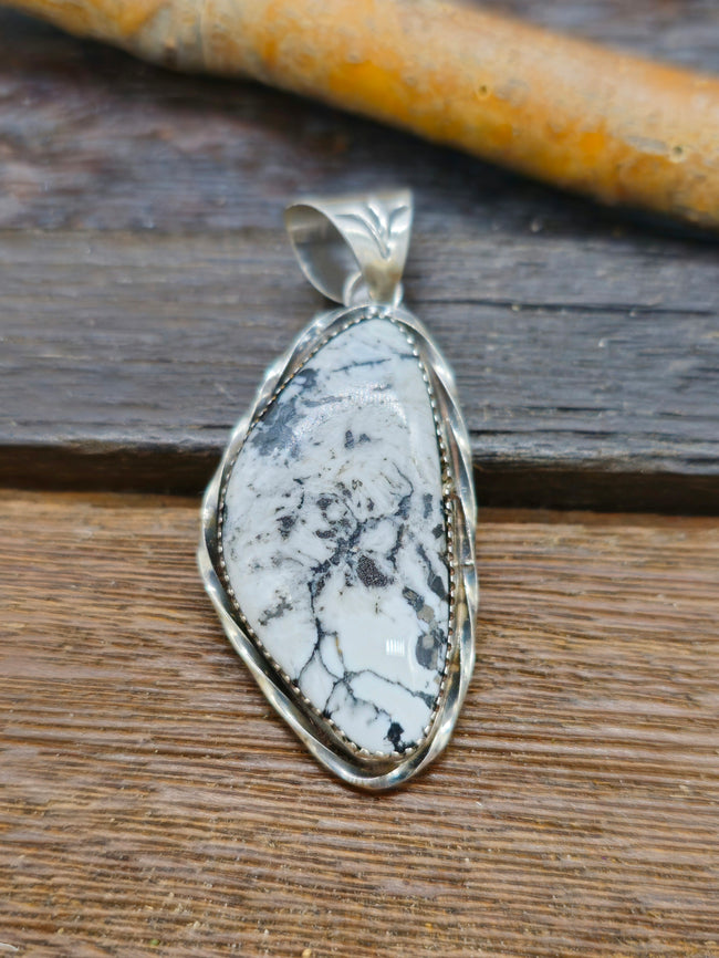 Sterling Silver White Buffalo Pendant with Stamped Bail