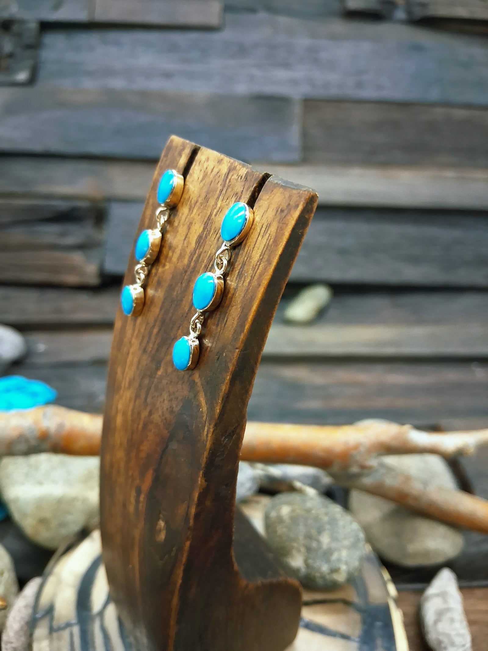 Sleeping Beauty Turquoise 14kt Gold Three Stone Post Dangle Earrings