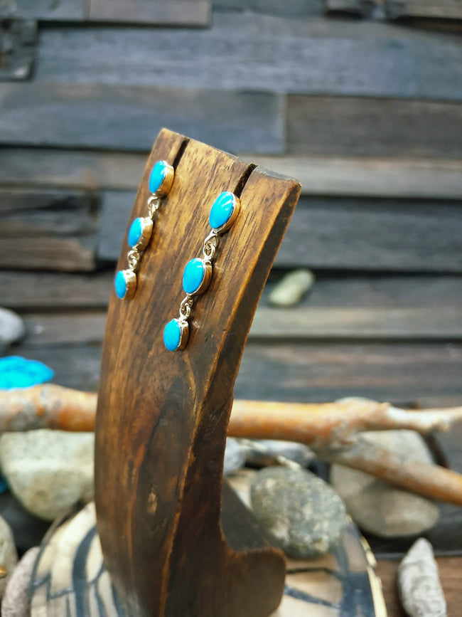 Sleeping Beauty Turquoise 14kt Gold Three Stone Post Dangle Earrings