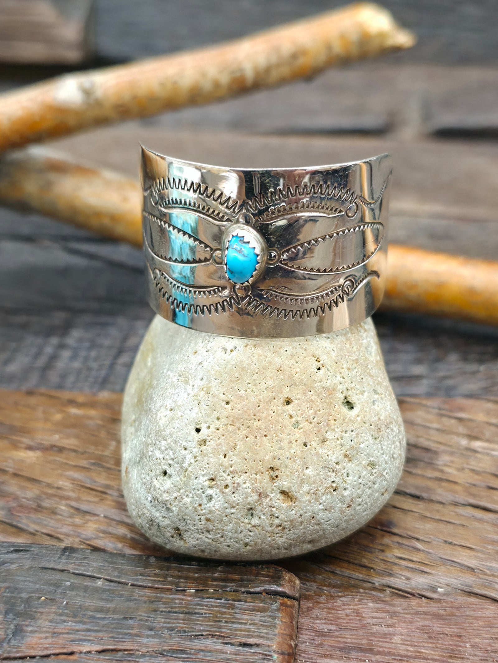 Stamped Sterling Silver and Turquoise Ponytail Barrette by Jolene Begay - 1 1/2 in. by 1 in.