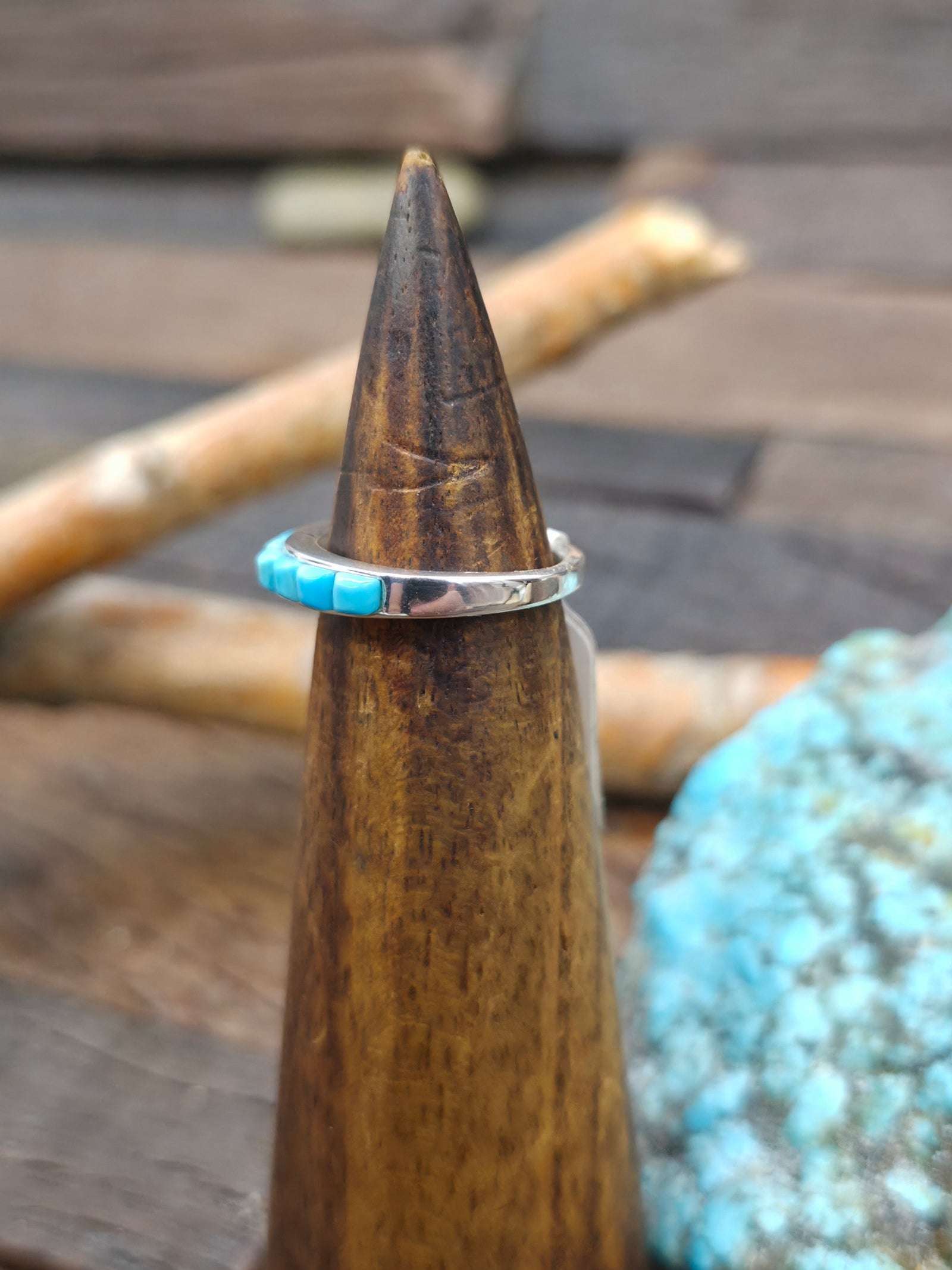Turquoise Cobblestone Inlay Sterling Silver Ring by Albert Topaha - Size 6