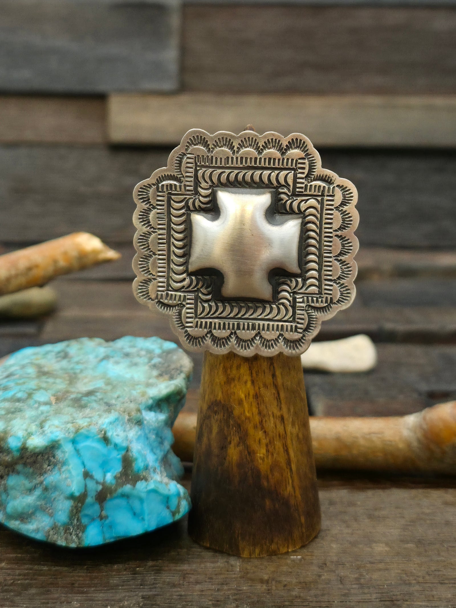 Adjustable Stamped Sterling Silver Santa Fe Cross Ring by Leander Tahe