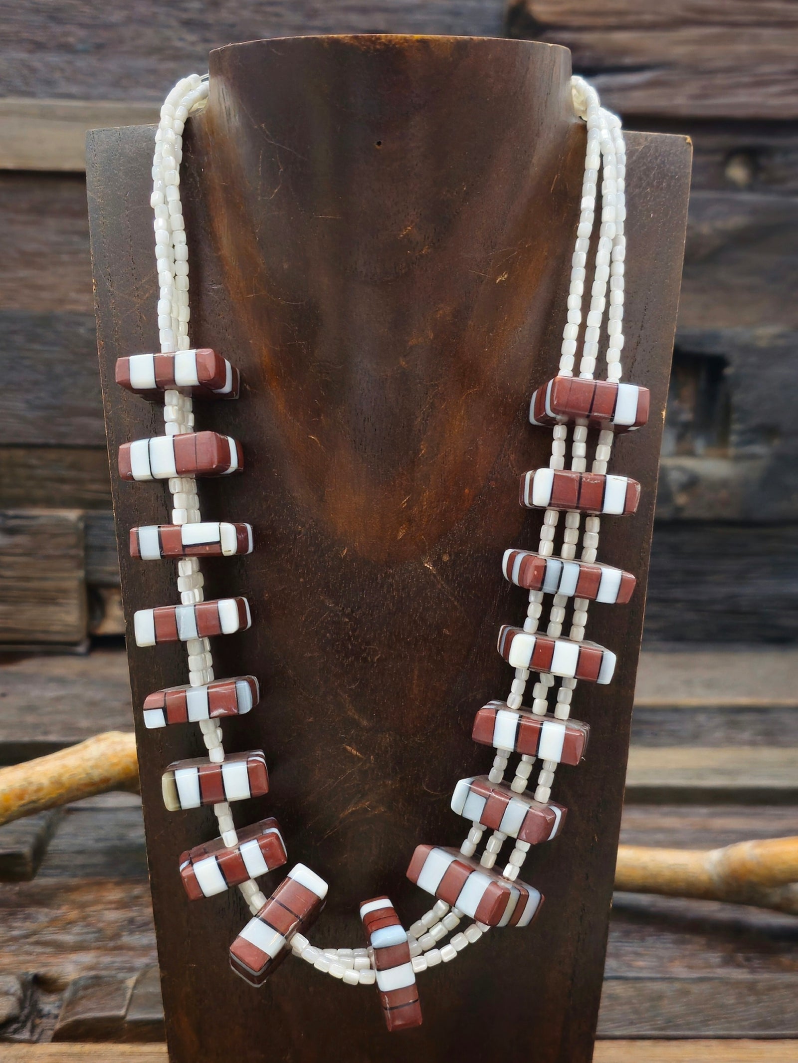 Pipestone and Mother-of-Pearl Mosaic Inlay Necklace by Rena Owen - 20 in