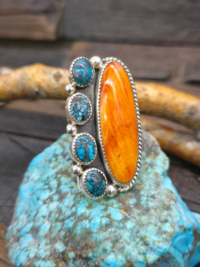 Sterling Silver Spiny Oyster and Turquoise Statement Ring by Delbert Secatero - Adjustable