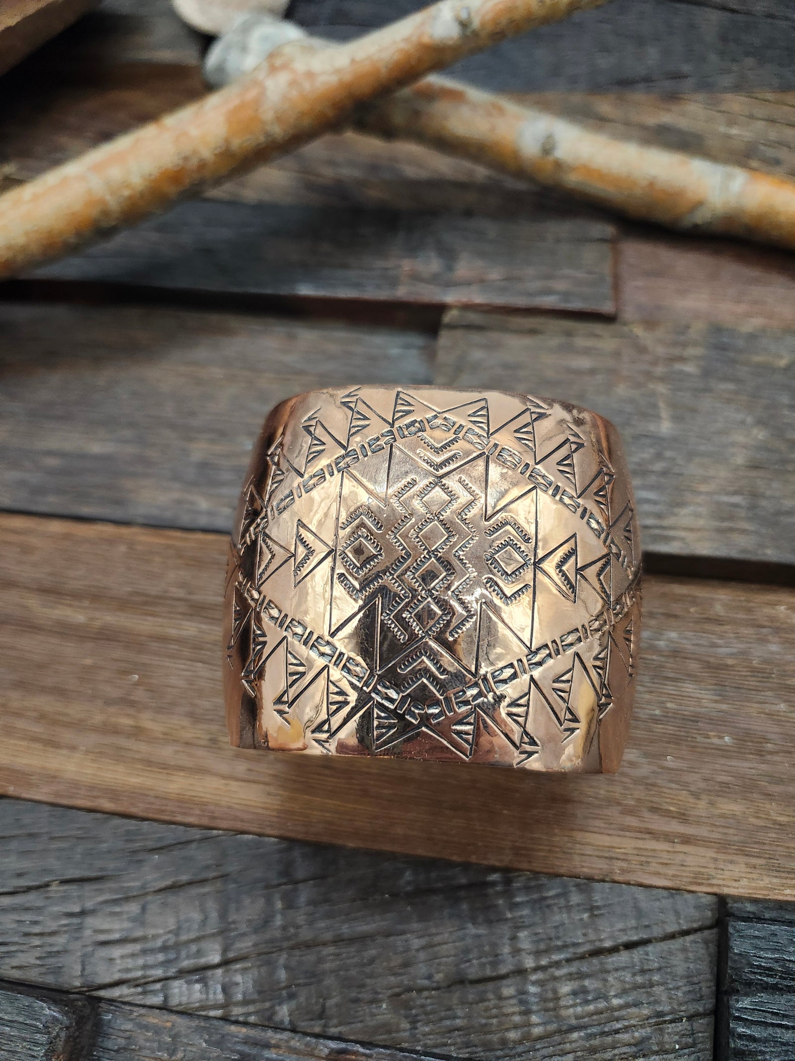 Stamped copper bracelet by Felicia Etsitty 7 1/4" w/ 1" opening