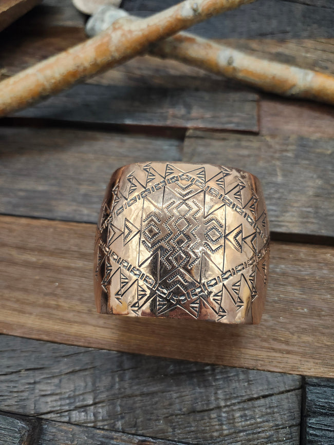 Stamped copper bracelet by Felicia Etsitty 7 1/4" w/ 1" opening