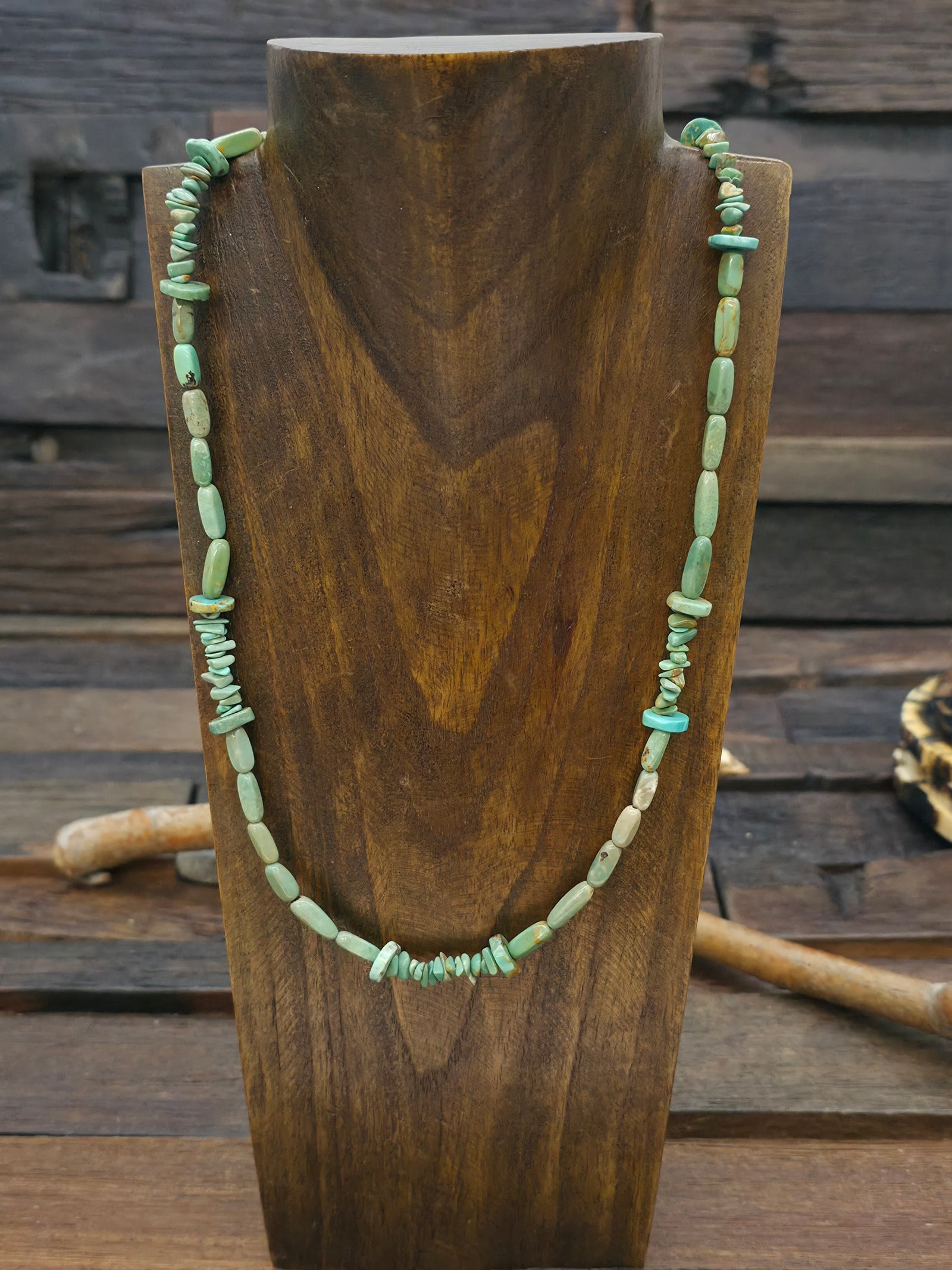 Green Turquoise Chip and Barrel Bead Necklace - 22 in.