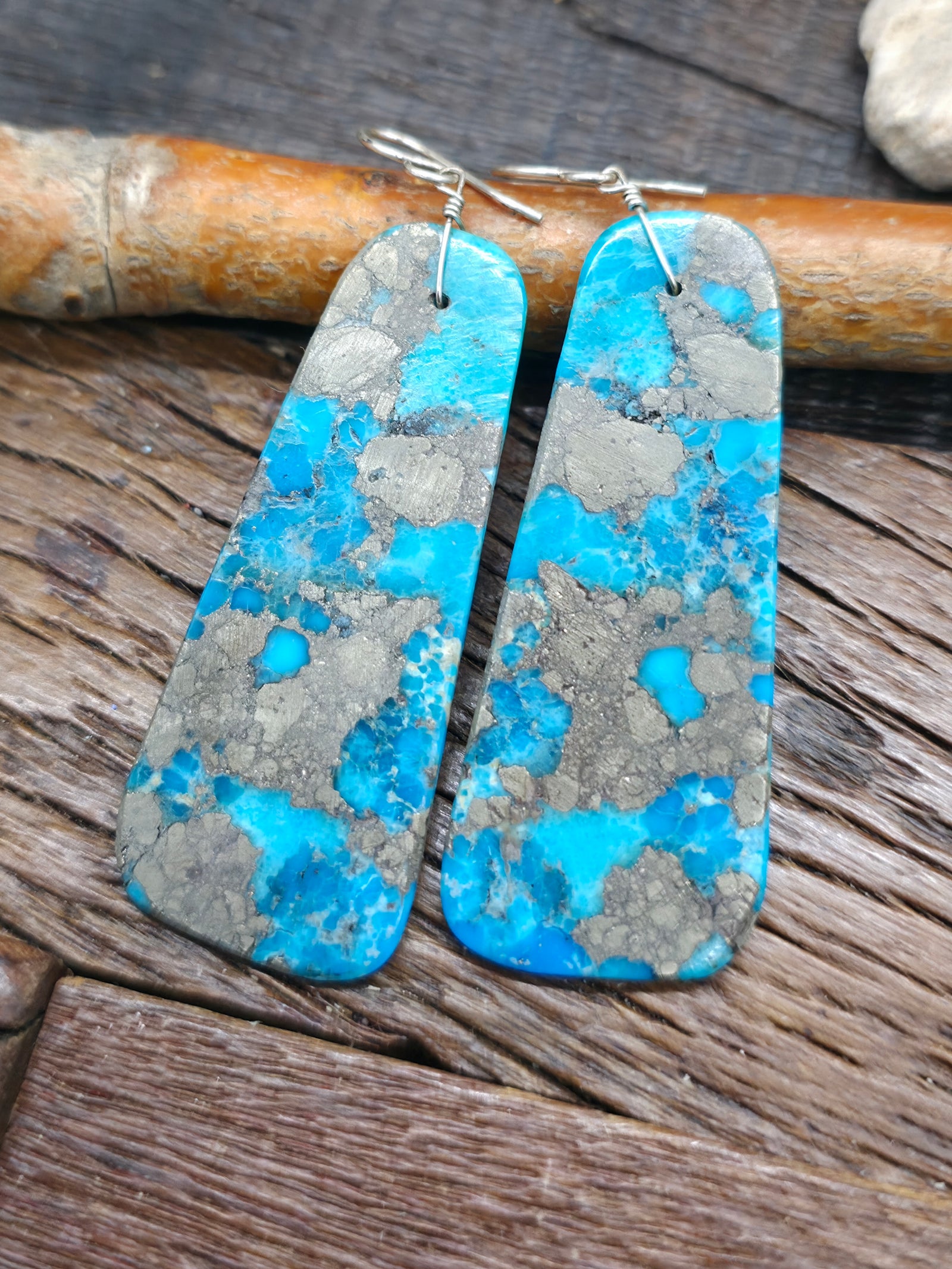 Large Turquoise Slab Earrings with Metallic Matrix by Marcella Castillo - 3 in. by 1 in.