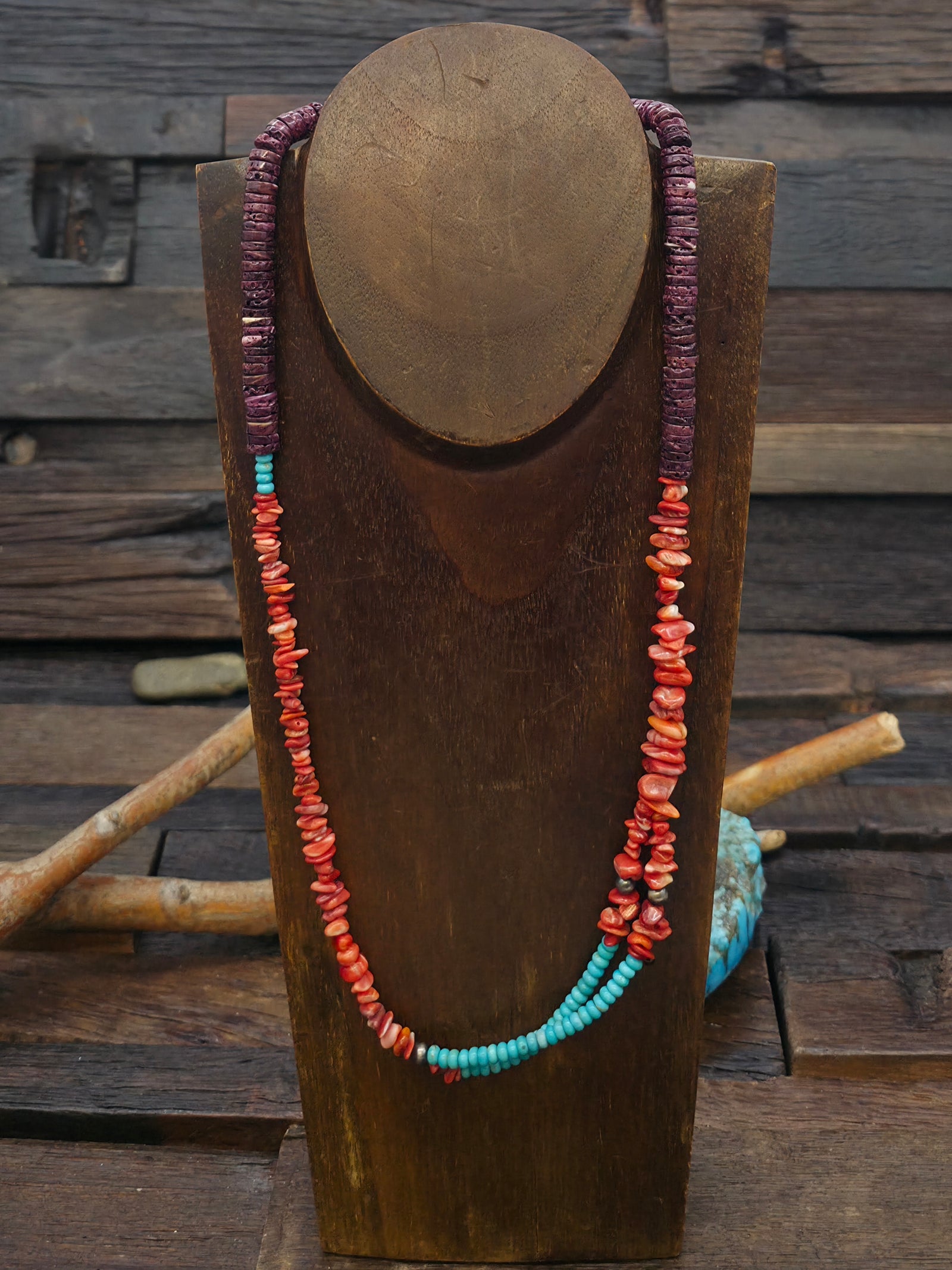 Purple and Red Spiny Oyster Necklace with Turquoise and Sterling Silver Beads - 24 in.