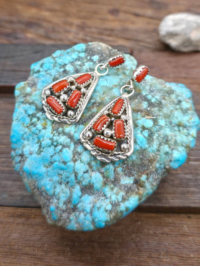Sterling Silver Coral Post Dangle Earrings by Melvin Chee - 1 3/4 in. by 3/4 in.