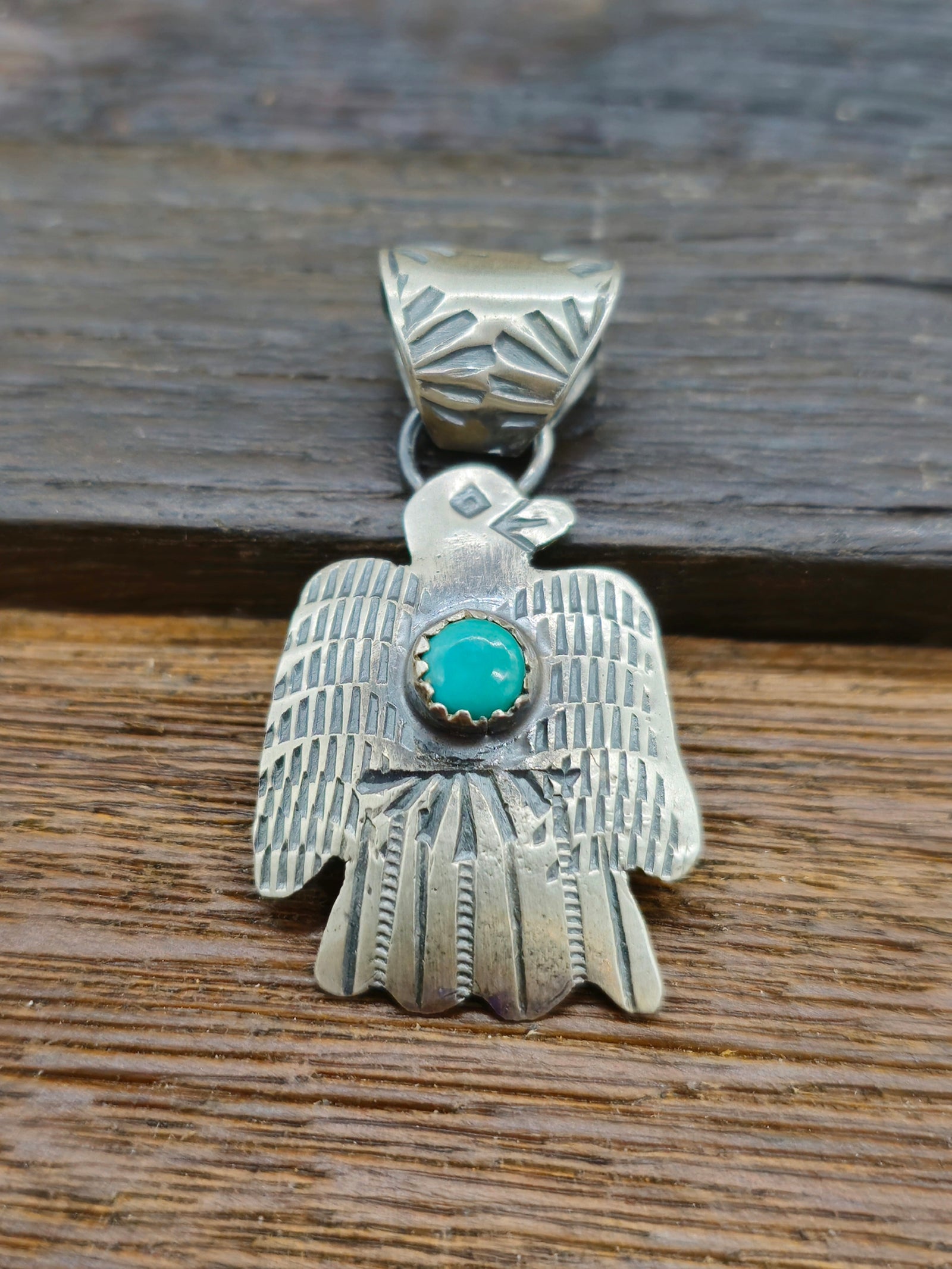 Stamped Sterling Silver and Turquoise Thunderbird Pendant
