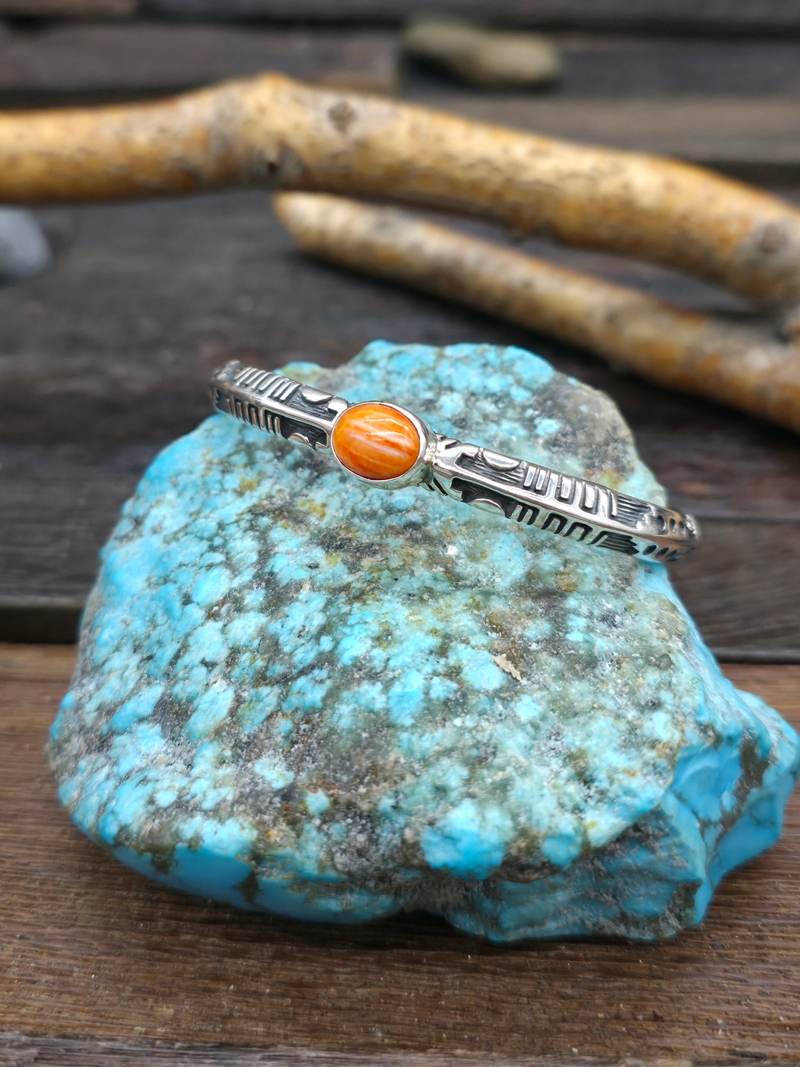 Orange Spiny Oyster Cast Sterling Silver Bracelet by B.S. - 6 1/8in w/gap