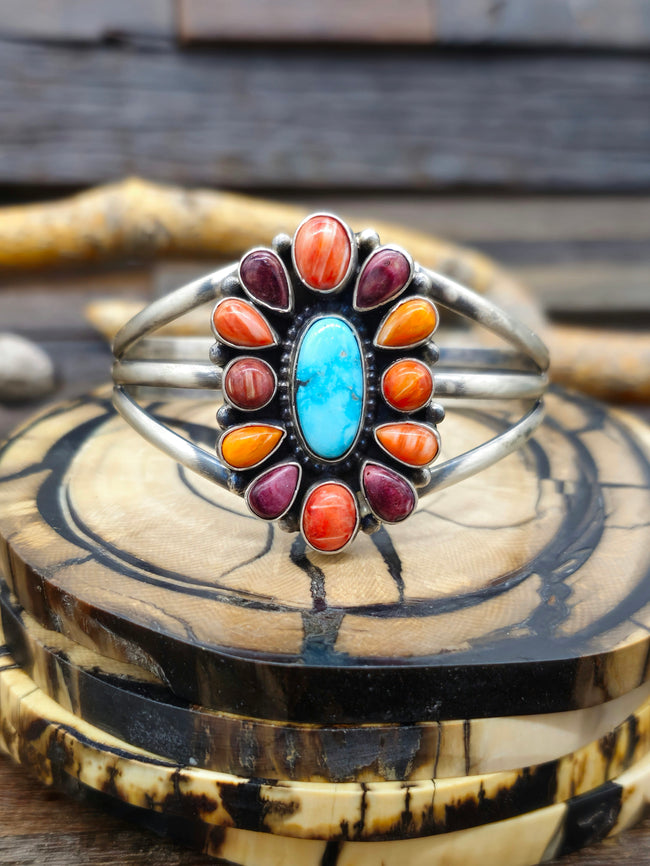 Spiny Oyster and Turquoise Cluster Cuff by Darrin Livingston - 6 1/2 in.