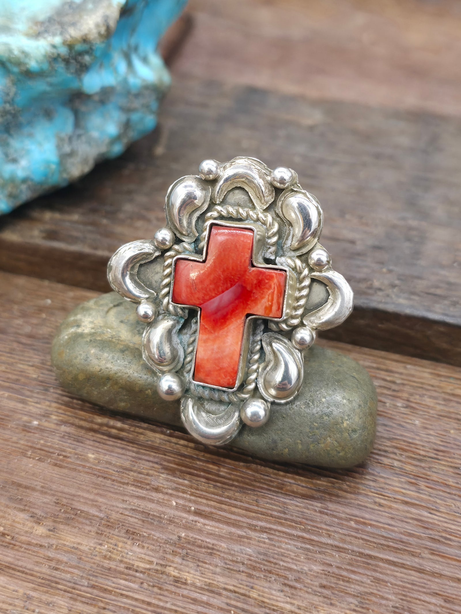 Repousse Stamped Sterling Silver Red Spiny Cross Ring by Richard Jim - Adjustable