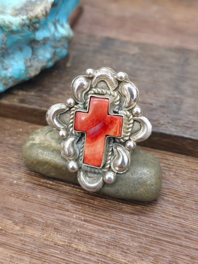 Repousse Stamped Sterling Silver Red Spiny Cross Ring by Richard Jim - Adjustable