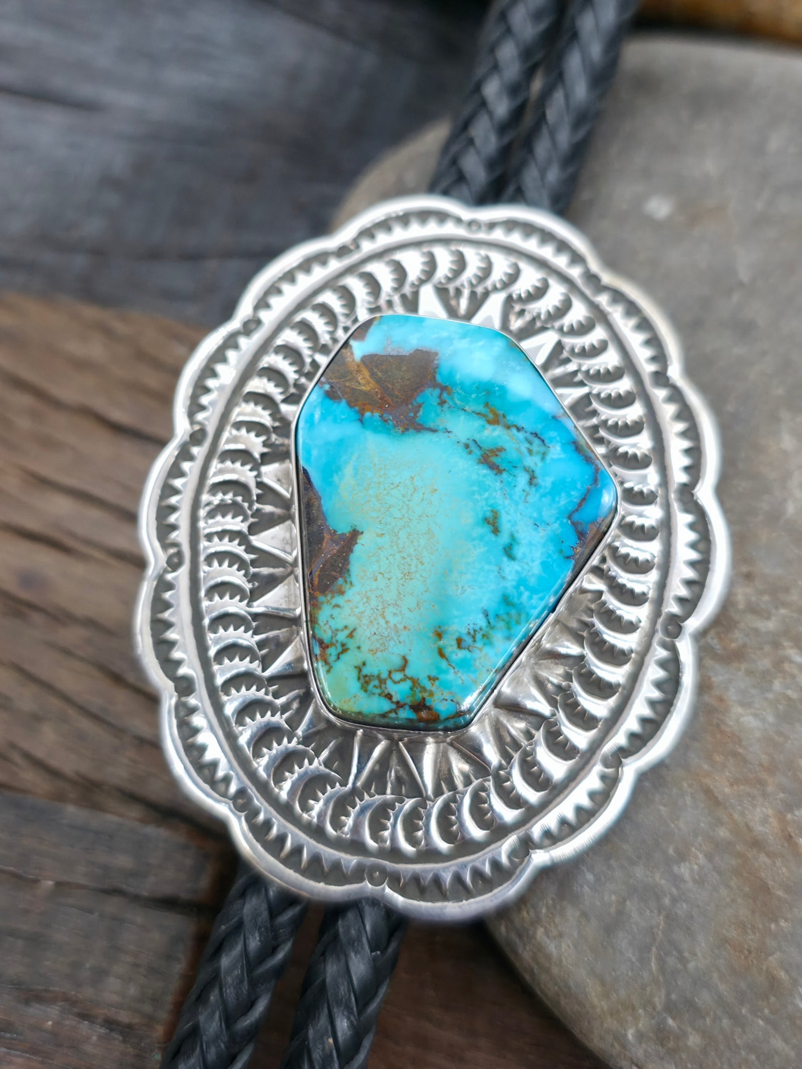 Stamped Sterling Silver Turquoise Bolo Tie by Delbert Delgarito - 44 in
