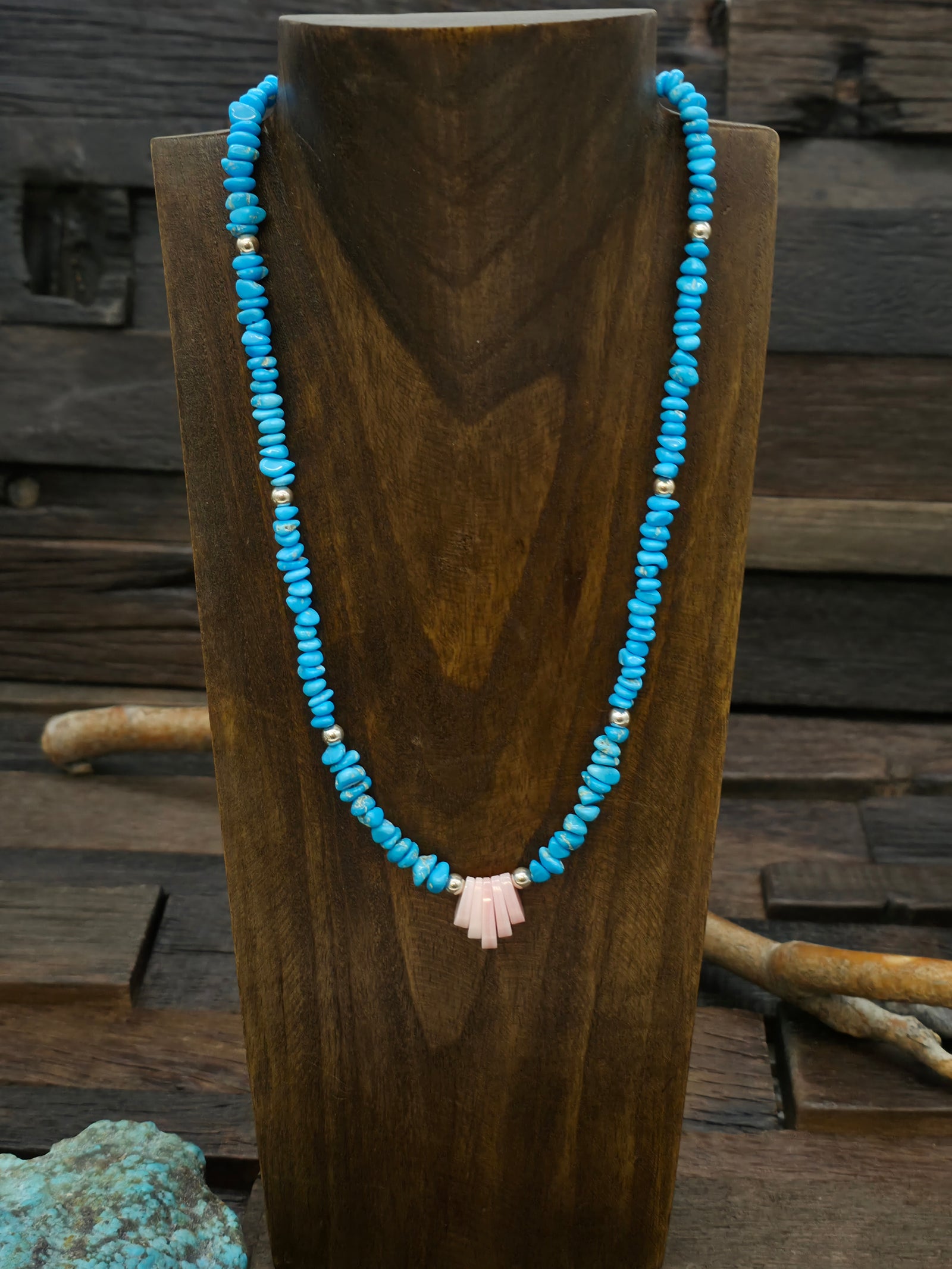 Small Turquoise Nugget and Pink Conch Necklace - 18 in.