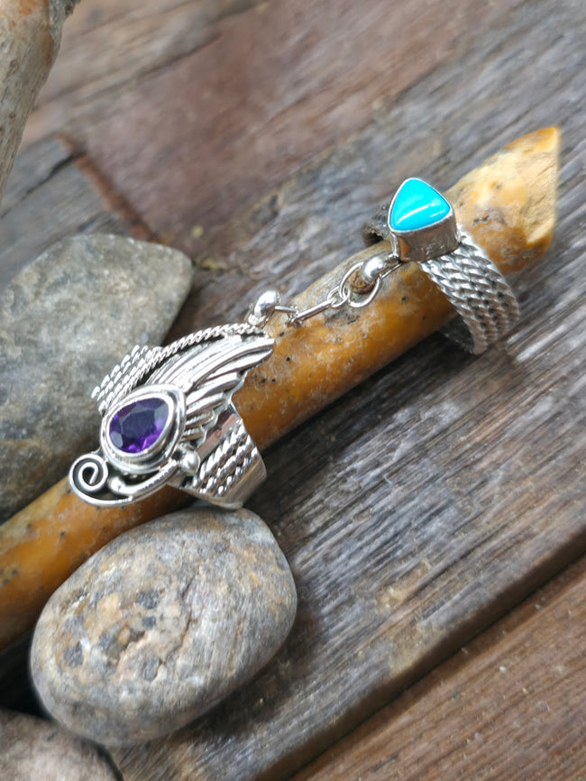 Sterling Silver Leaf Applique Amethyst Ring with Captured Turquoise Ring by Gilbert Smith - Size 8
