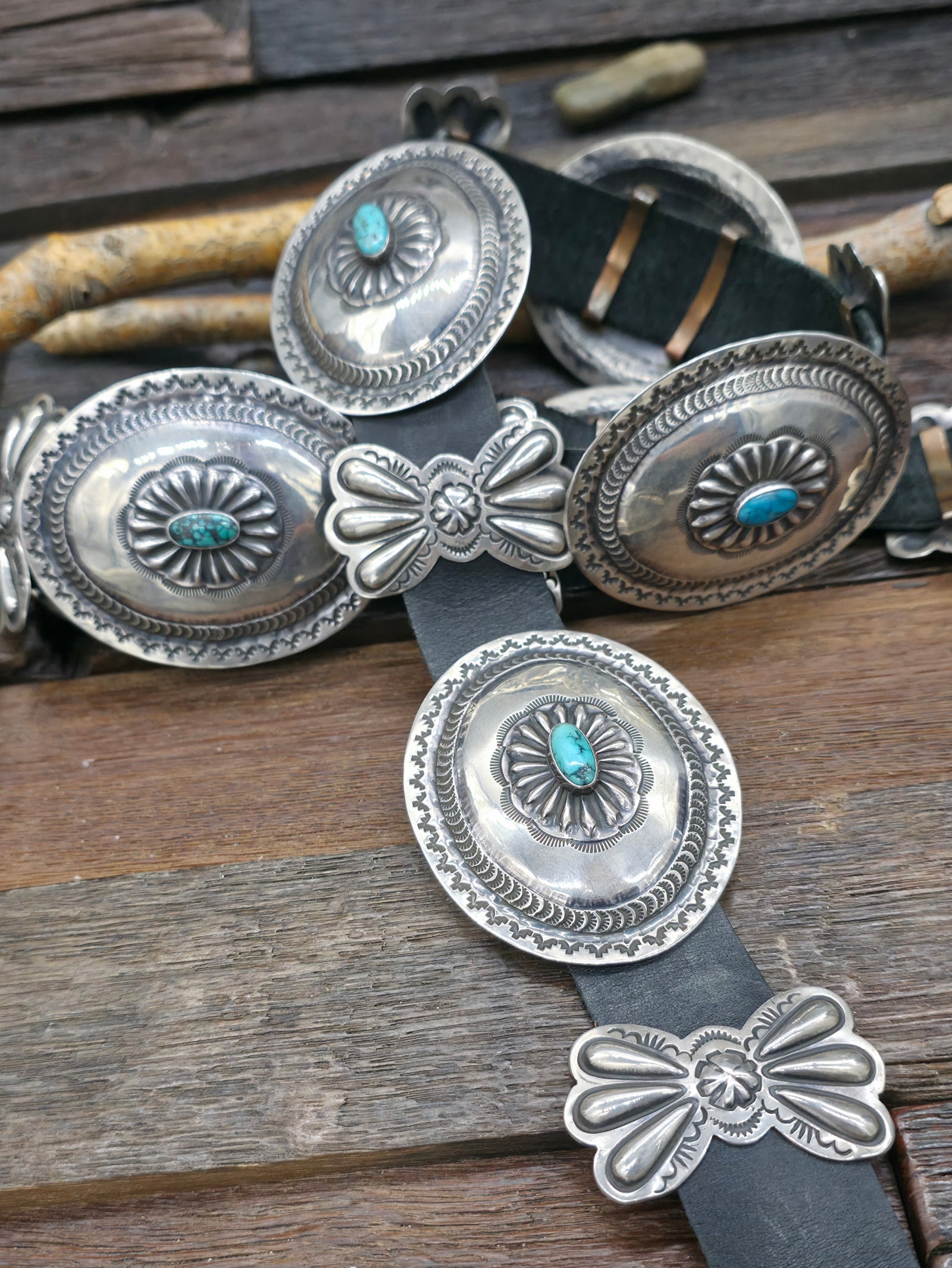 Vintage/Estate Stamped Sterling Silver Turquoise Concho Belt by Gilbert Tom - 46 in.