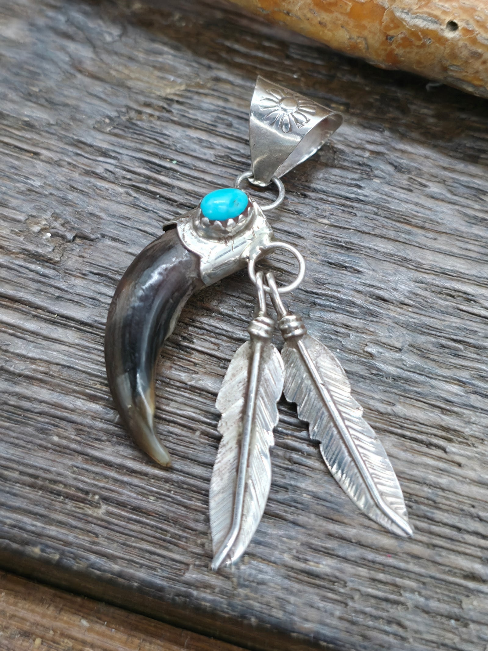 Mini Turquoise, Bear Claw, and Sterling Silver Feather Pendant by Ernest Hawthorne - 2 in. by 1/2 in