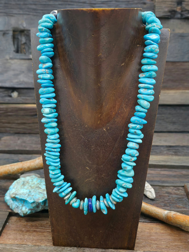 Turquoise Nugget Lapis Sterling Silver Bead Necklace - 18 in.