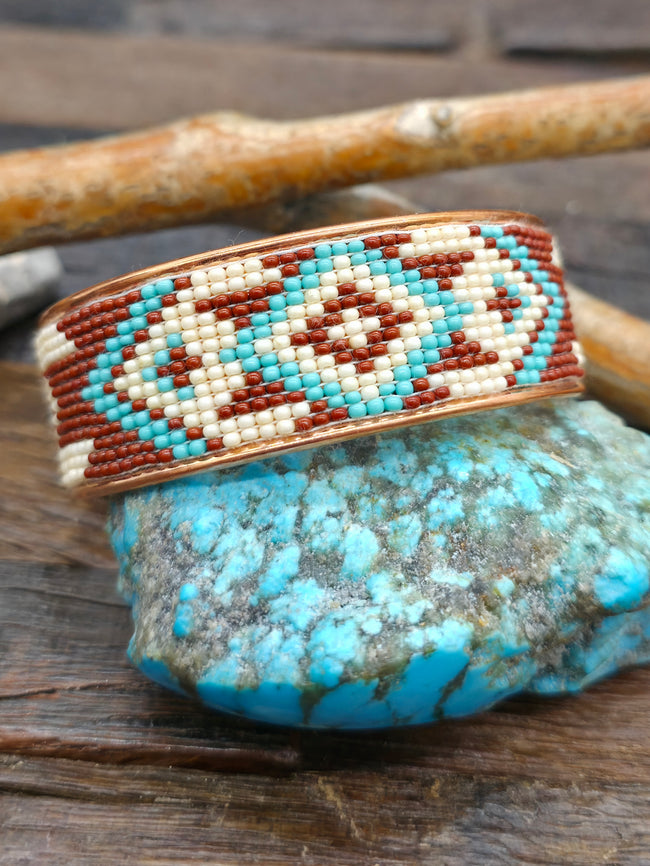 Brown White and Turquoise Rug Design Beadwork Cuff on Copper by Jimmy Begay - 8 in. with Gap