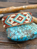 Brown White and Turquoise Rug Design Beadwork Cuff on Copper by Jimmy Begay - 8 in. with Gap