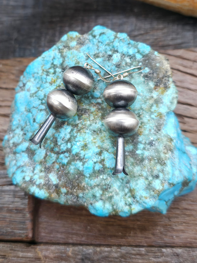 Oxidized Sterling Silver Squash Blossom Bead Earrings by Preston Haley - 2 in. by 1/2 in.