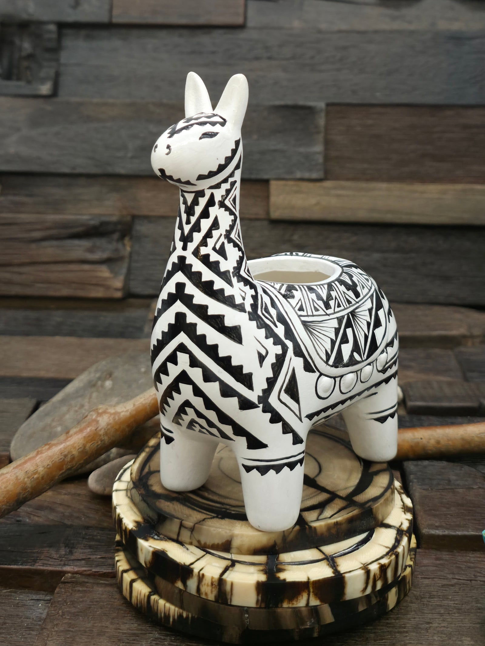 Hand Painted Black and White Alpaca Planter by A. Tsosie - 6 1/2 in. by 4 1/2 in. by 2 1/2 in.